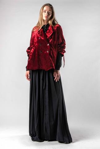 Red Velvet Tuxedo Jacket with Black Wide-Leg Trousers
