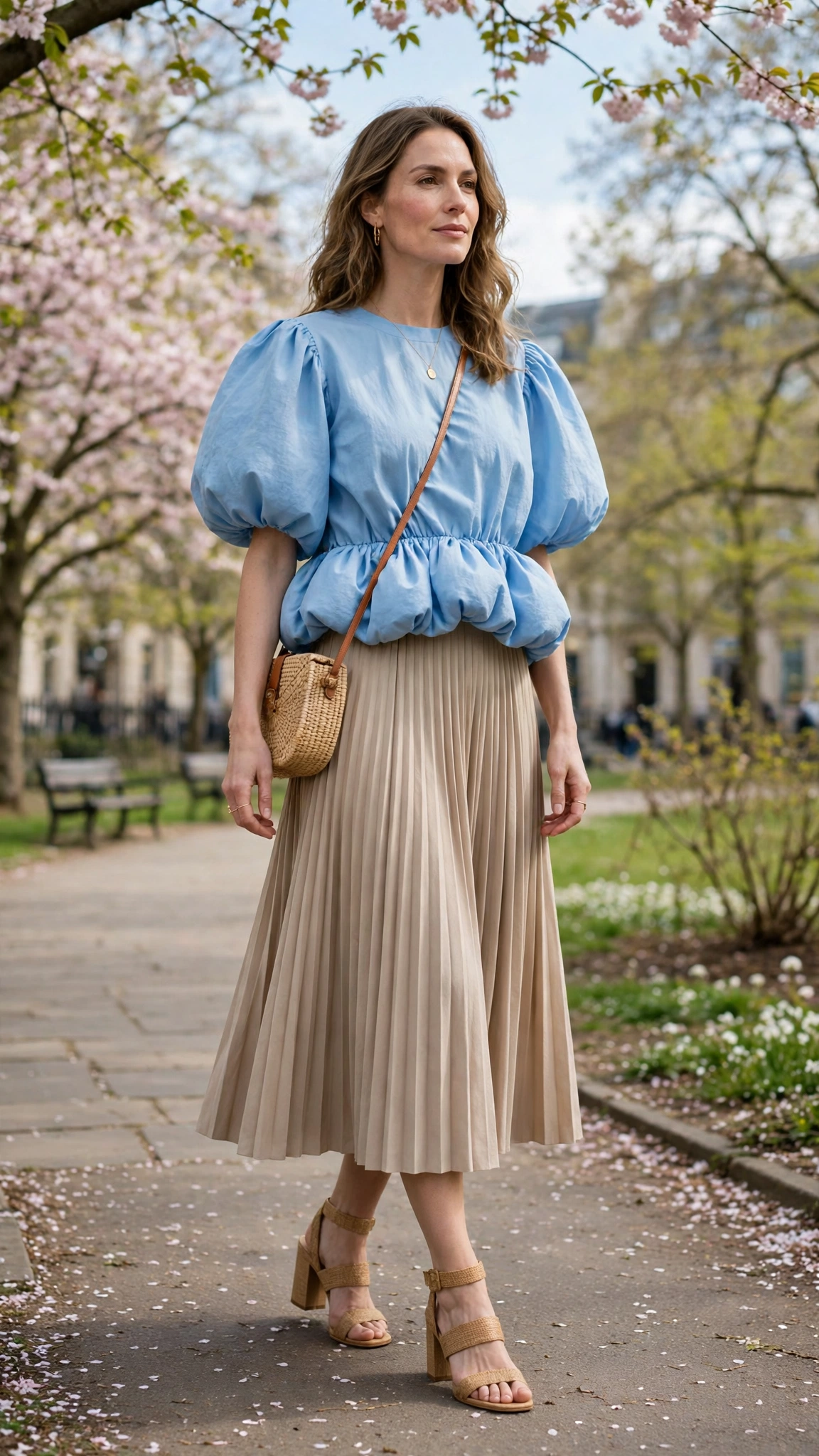 30 Voluminous Bubble Top Outfits for Spring Weekends That Are Fresh, Chic and Easy to Wear 2 Sky Blue Voluminous Bubble Top Outfit with a midi skirt and block-heel sandals