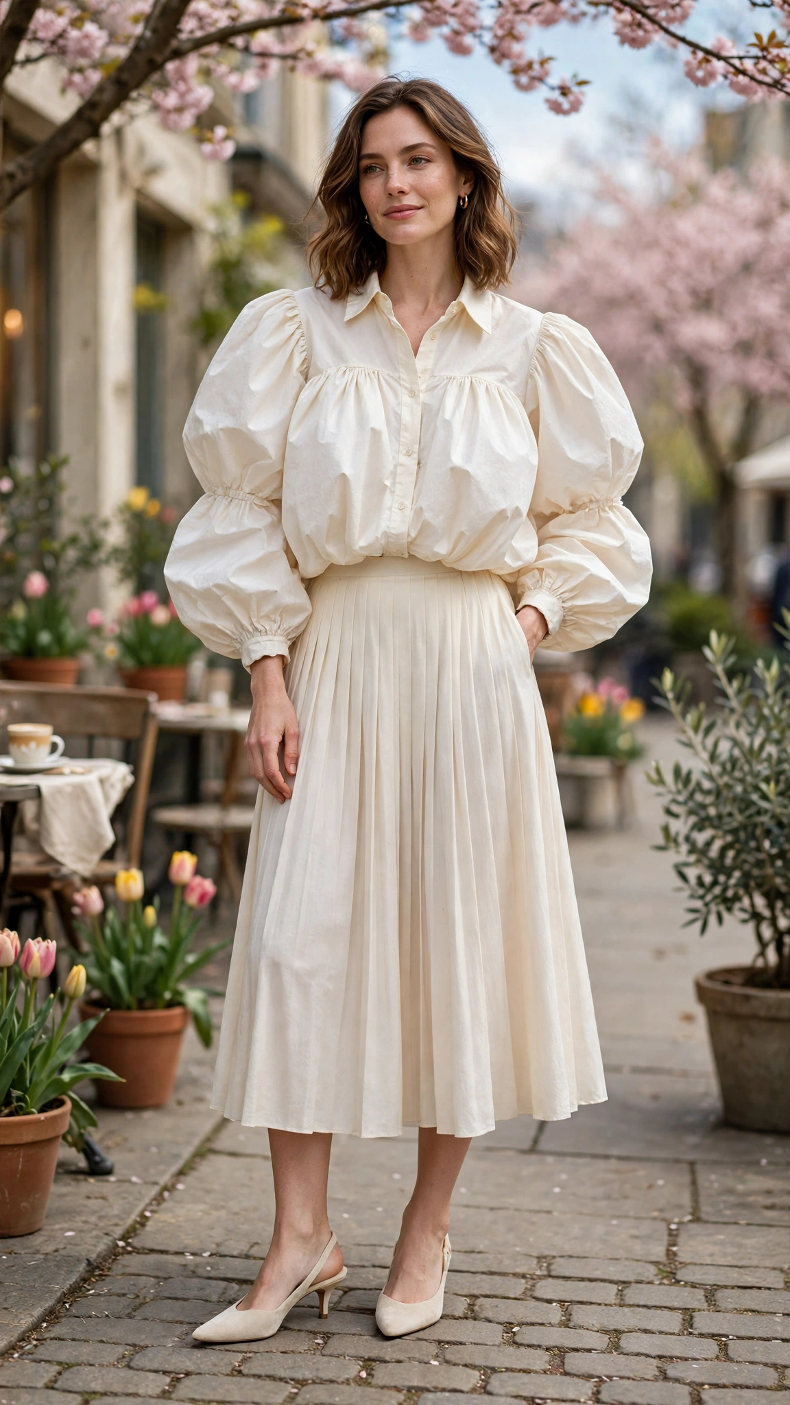 30 Voluminous Bubble Top Outfits for Spring Weekends That Are Fresh, Chic and Easy to Wear 3 Cream Voluminous Bubble Top Outfit with a pleated skirt and kitten heels