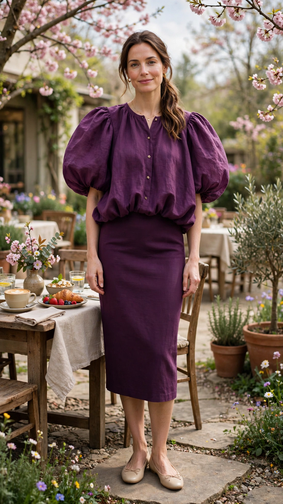 30 Voluminous Bubble Top Outfits for Spring Weekends That Are Fresh, Chic and Easy to Wear 4 Plum Voluminous Bubble Top Outfit with a pencil skirt and ballet flats