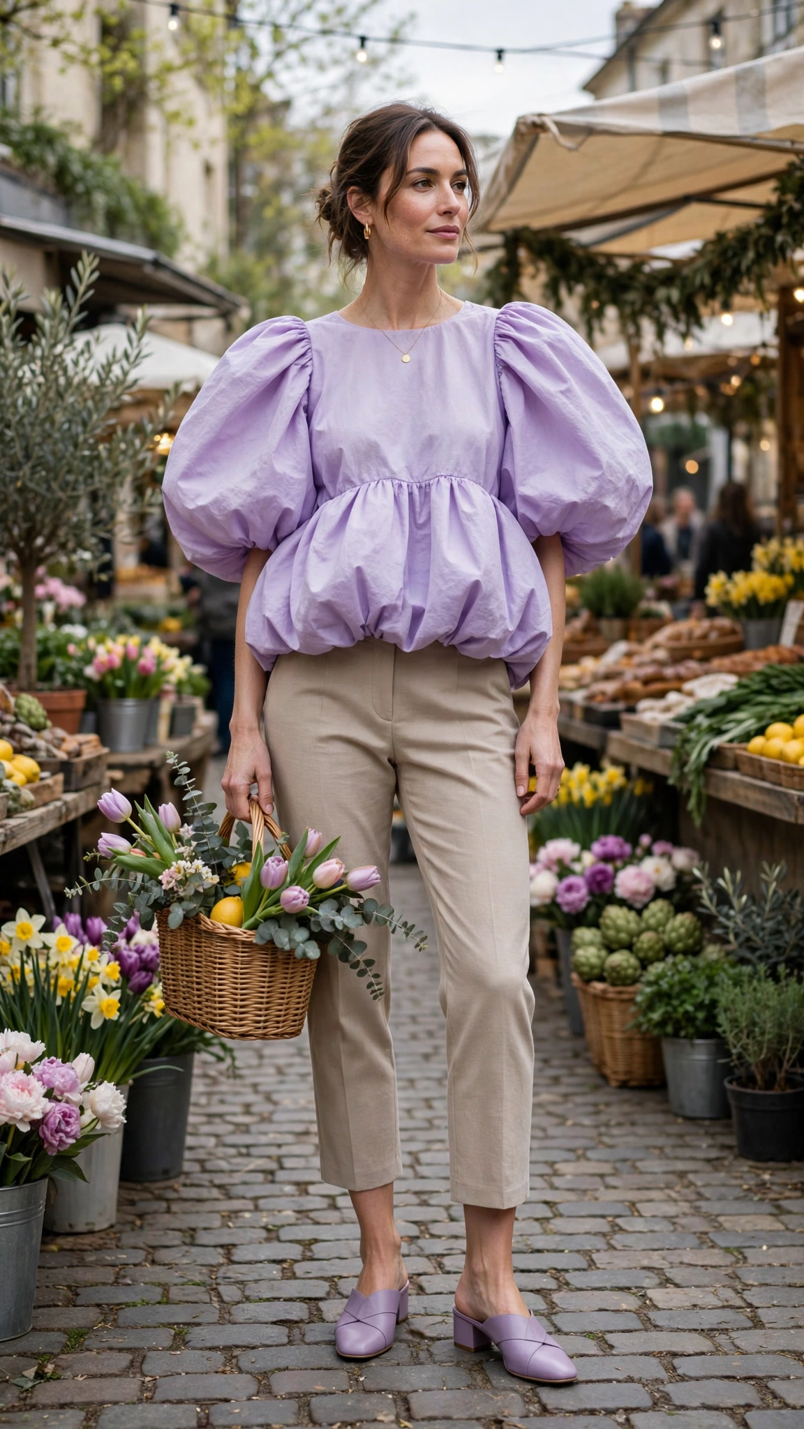 30 Voluminous Bubble Top Outfits for Spring Weekends That Are Fresh, Chic and Easy to Wear 5 Lavender Voluminous Bubble Top Outfit with cropped trousers and mules