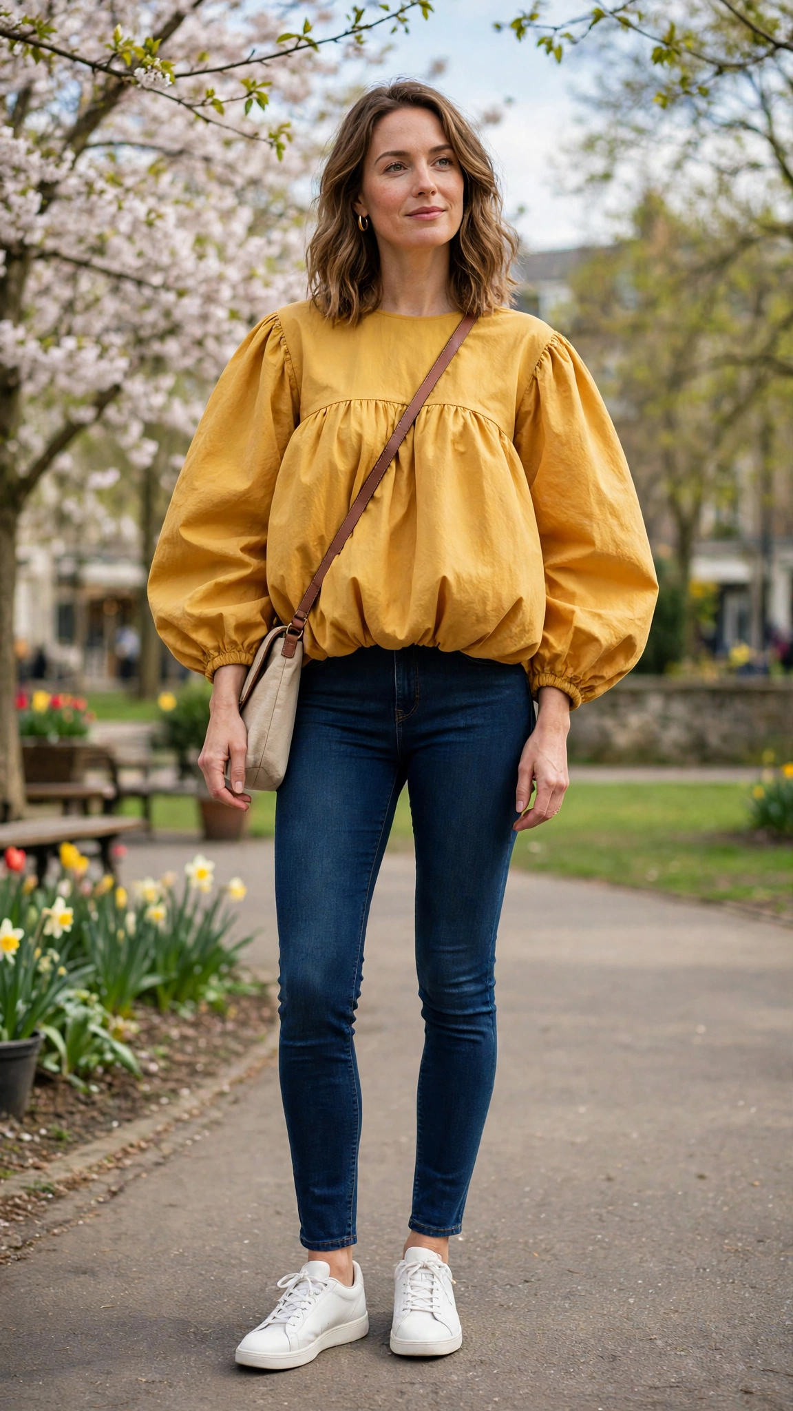 30 Voluminous Bubble Top Outfits for Spring Weekends That Are Fresh, Chic and Easy to Wear 6 Mustard Voluminous Bubble Top Outfit with slim jeans and white trainers