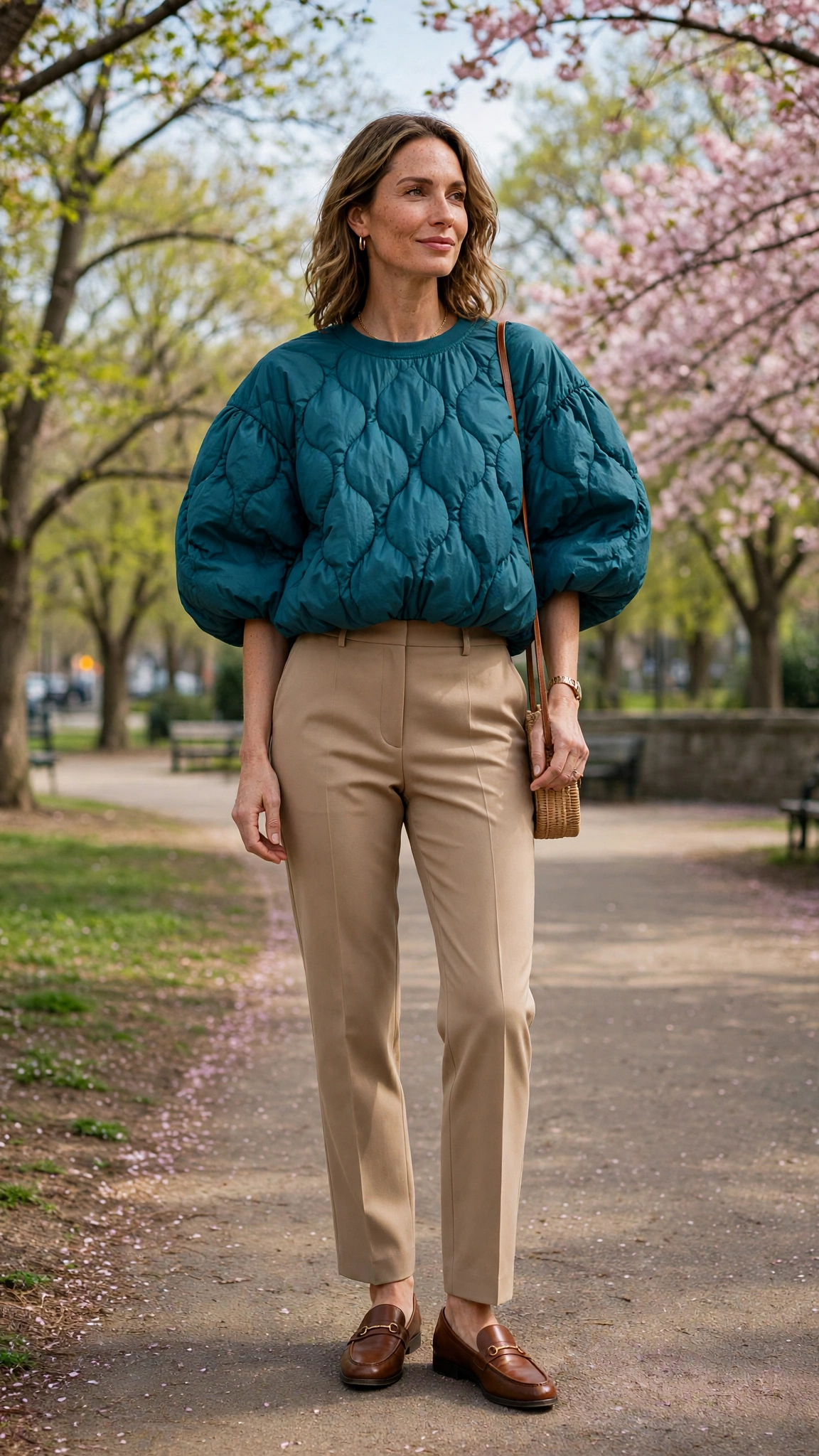 30 Voluminous Bubble Top Outfits for Spring Weekends That Are Fresh, Chic and Easy to Wear 7 Teal Voluminous Bubble Top Outfit with tailored trousers and loafers