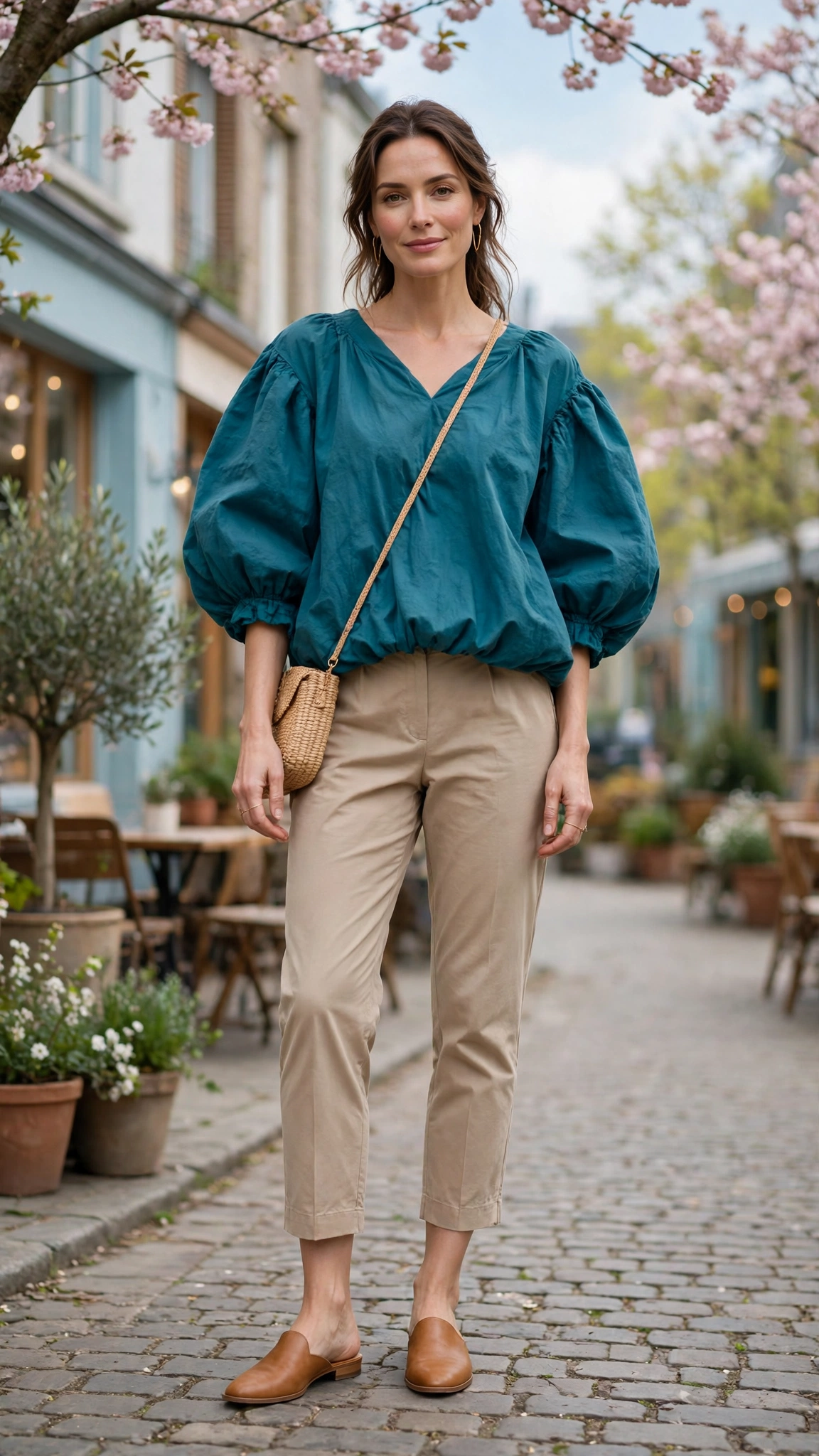 30 Voluminous Bubble Top Outfits for Spring Weekends That Are Fresh, Chic and Easy to Wear 8 Teal Voluminous Bubble Top Outfit with cropped trousers and mules