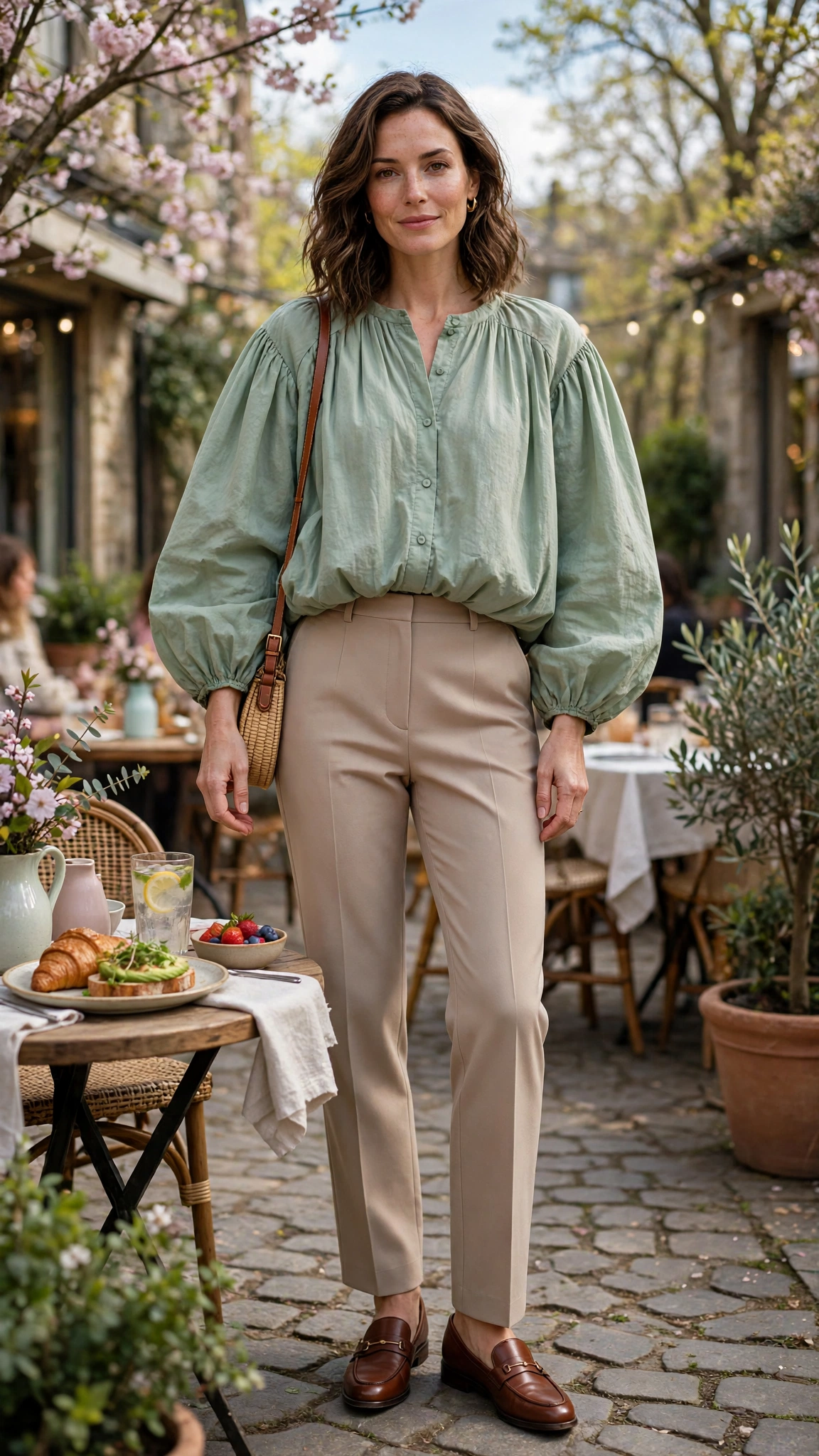 30 Voluminous Bubble Top Outfits for Spring Weekends That Are Fresh, Chic and Easy to Wear 9 Sage Green Voluminous Bubble Top Outfit with tailored trousers and loafers
