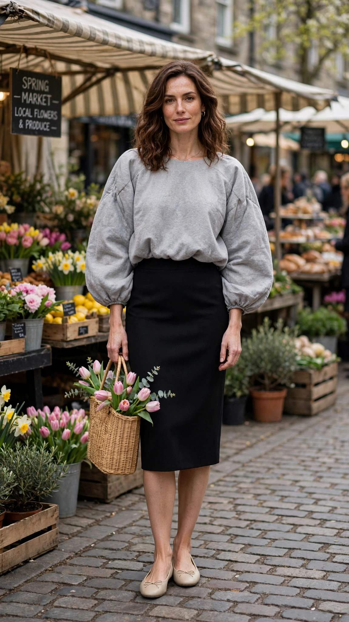 30 Voluminous Bubble Top Outfits for Spring Weekends That Are Fresh, Chic and Easy to Wear 10 Soft Grey Voluminous Bubble Top Outfit with a pencil skirt and ballet flats