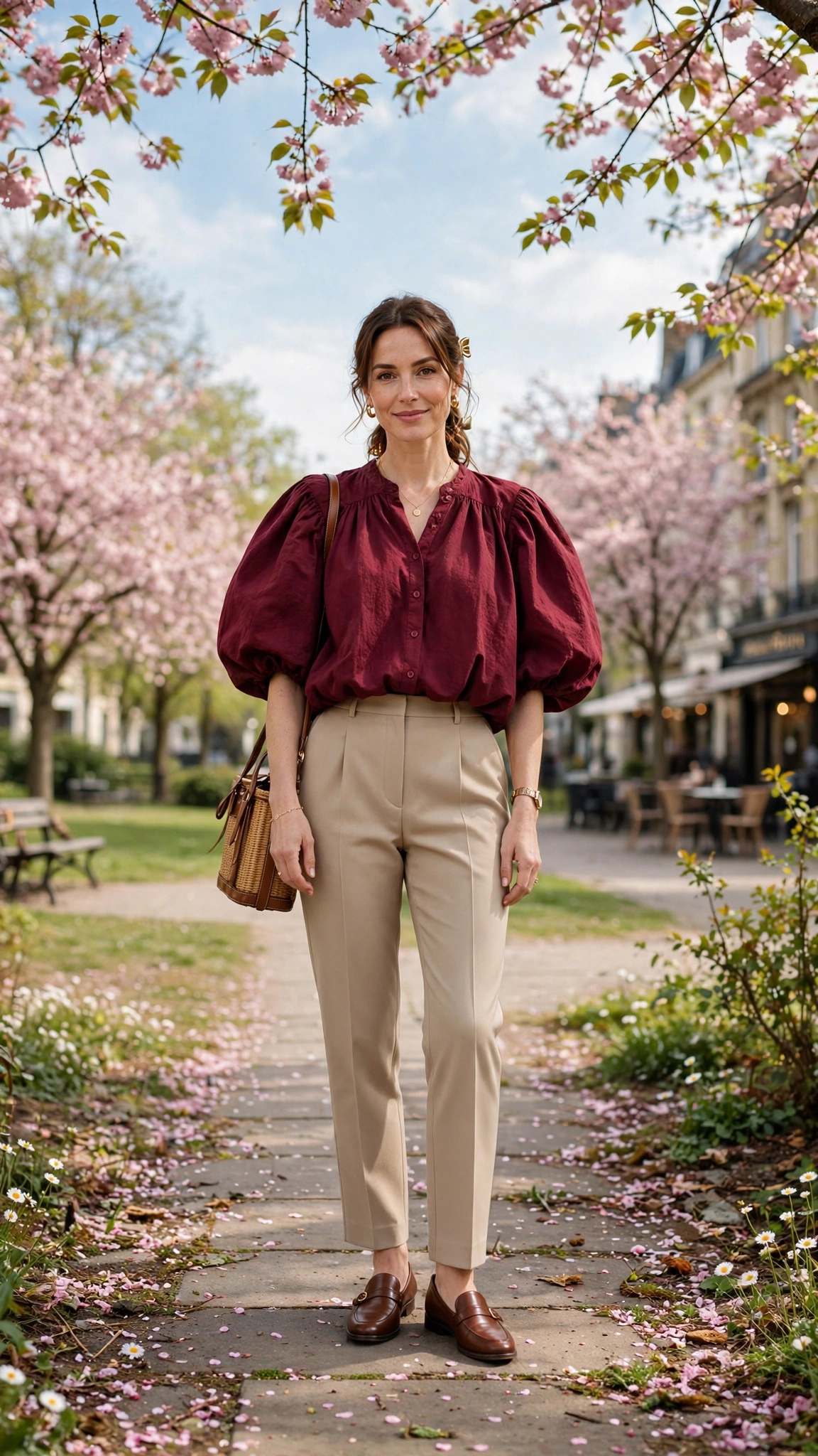 30 Voluminous Bubble Top Outfits for Spring Weekends That Are Fresh, Chic and Easy to Wear 11 Burgundy Voluminous Bubble Top Outfit with tailored trousers and loafers