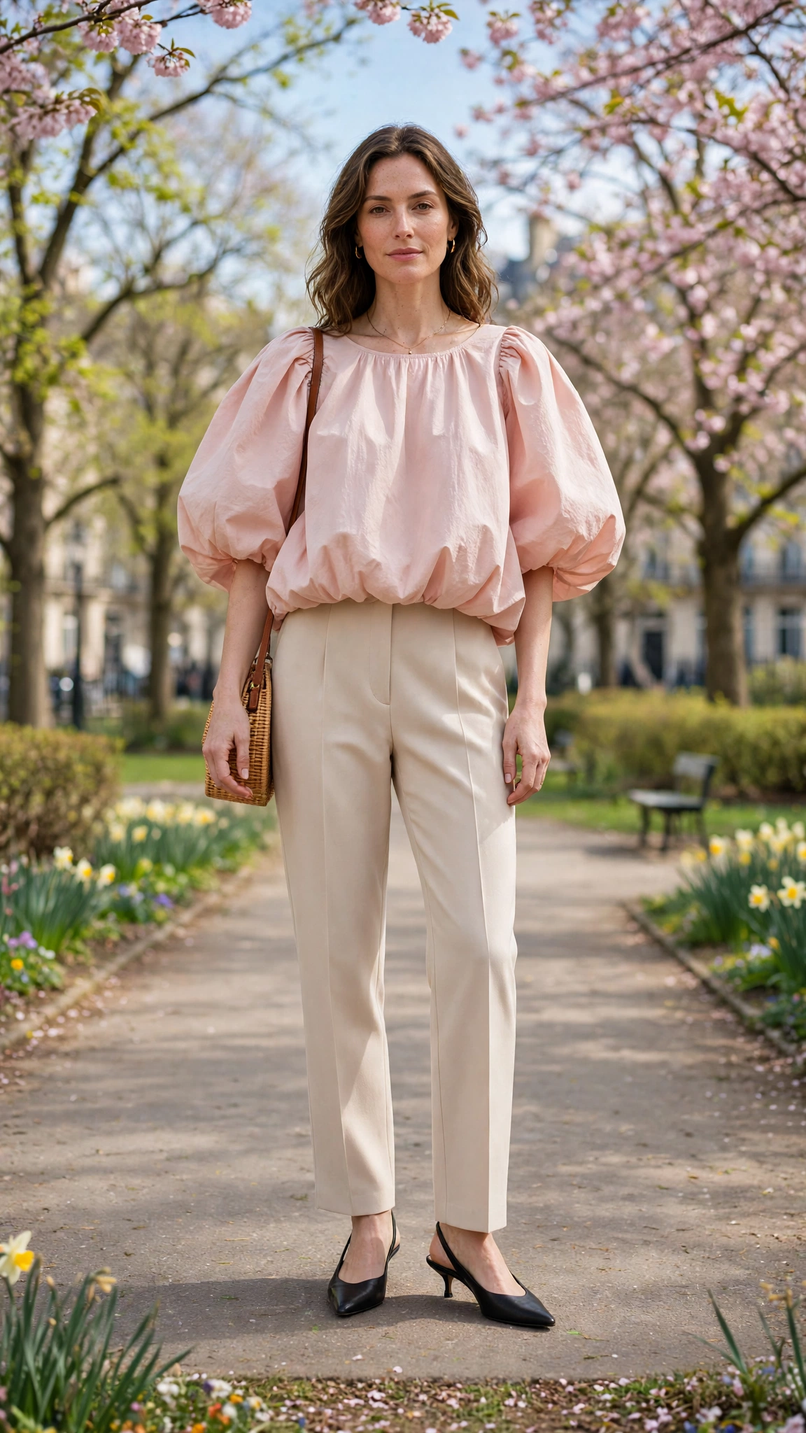 30 Voluminous Bubble Top Outfits for Spring Weekends That Are Fresh, Chic and Easy to Wear 12 Blush Pink Voluminous Bubble Top Outfit with straight trousers and slingbacks