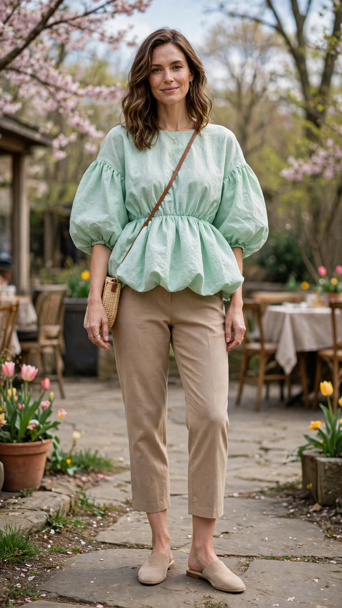 30 Voluminous Bubble Top Outfits for Spring Weekends That Are Fresh, Chic and Easy to Wear 13 Mint Voluminous Bubble Top Outfit with cropped trousers and mules