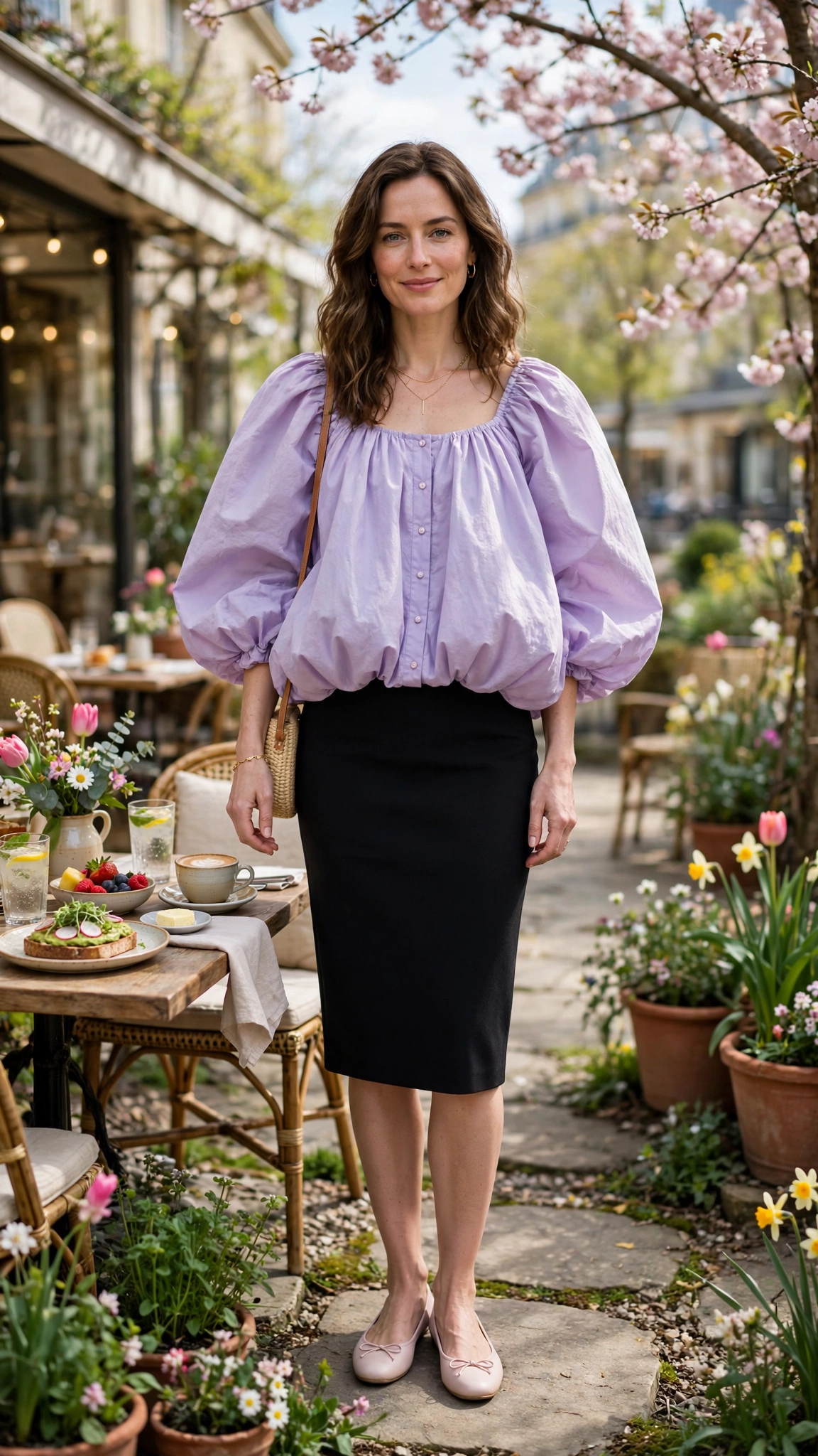 30 Voluminous Bubble Top Outfits for Spring Weekends That Are Fresh, Chic and Easy to Wear 14 Lavender Voluminous Bubble Top Outfit with a pencil skirt and ballet flats