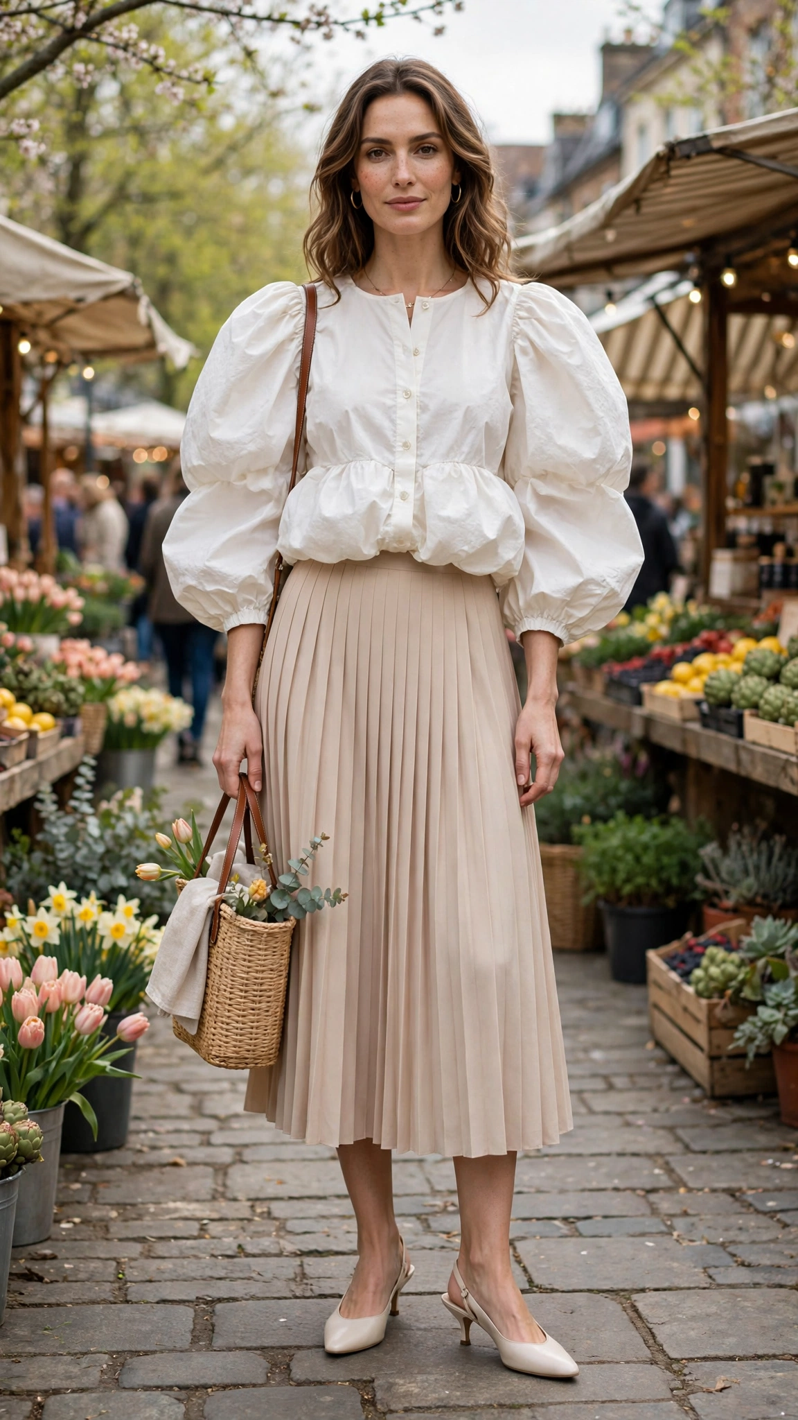 30 Voluminous Bubble Top Outfits for Spring Weekends That Are Fresh, Chic and Easy to Wear 15 Ivory Voluminous Bubble Top Outfit with a pleated skirt and kitten heels