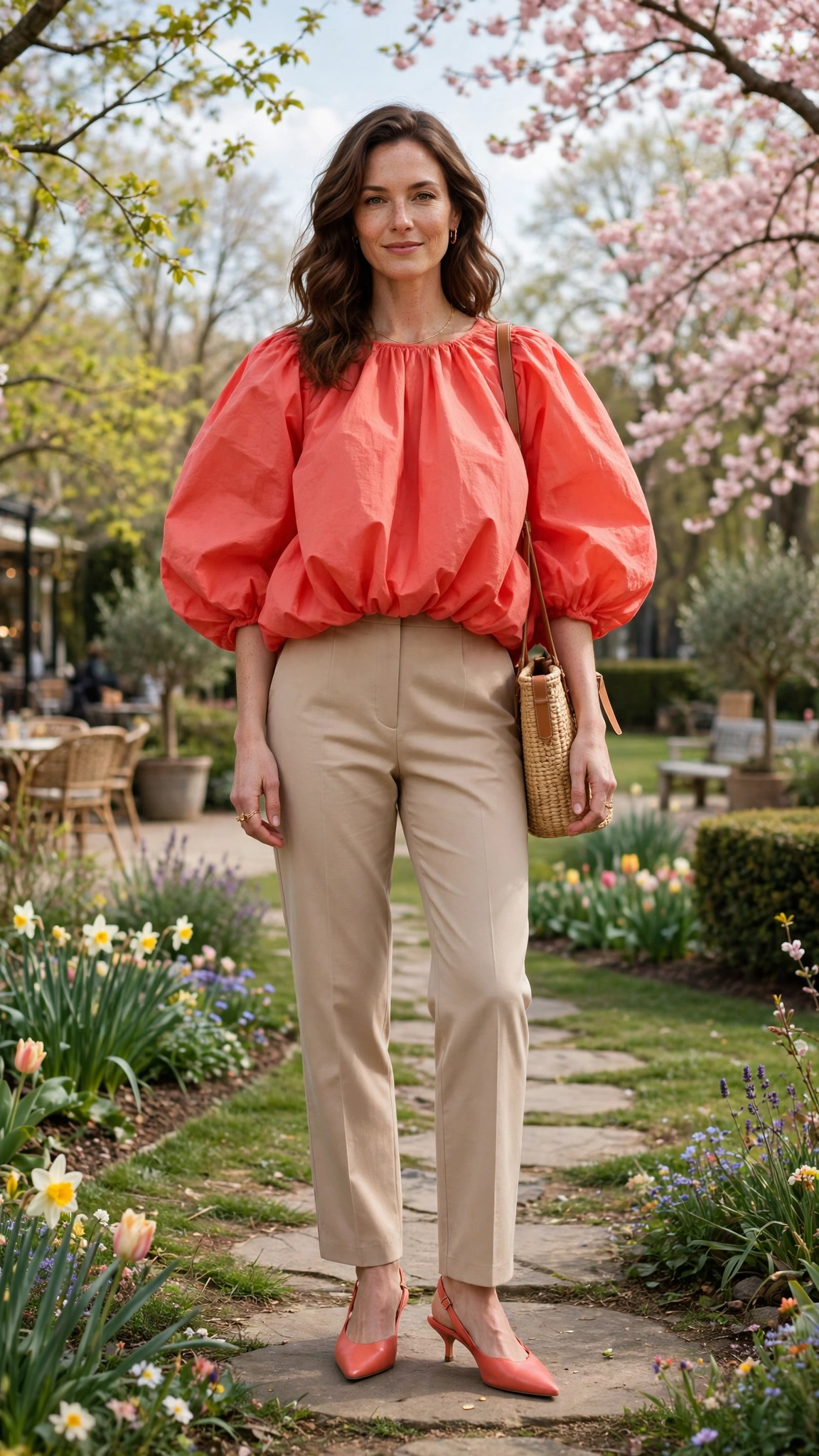 30 Voluminous Bubble Top Outfits for Spring Weekends That Are Fresh, Chic and Easy to Wear 16 Coral Voluminous Bubble Top Outfit with straight trousers and slingbacks