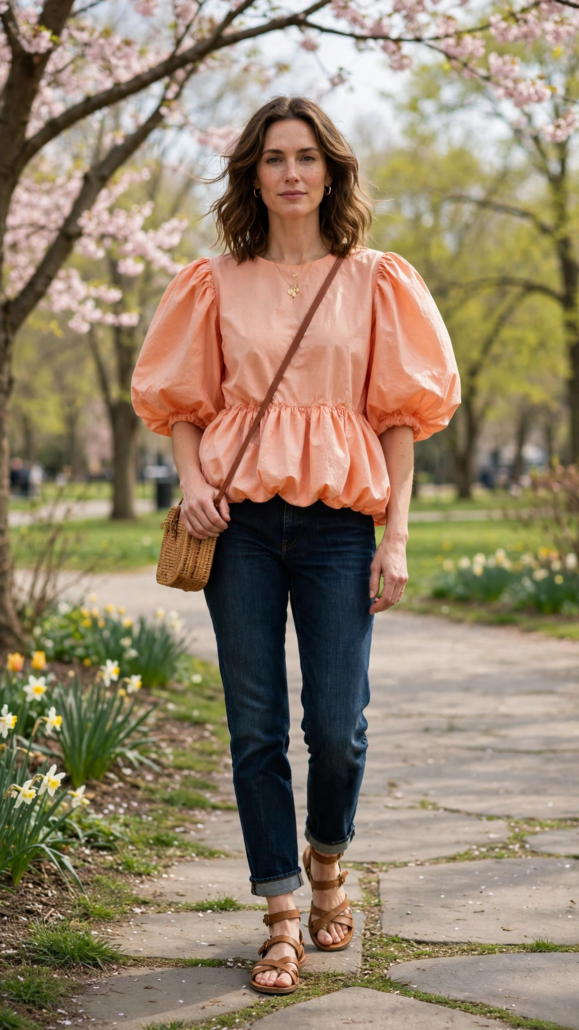 30 Voluminous Bubble Top Outfits for Spring Weekends That Are Fresh, Chic and Easy to Wear 17 Peach Voluminous Bubble Top Outfit with dark jeans and sandals
