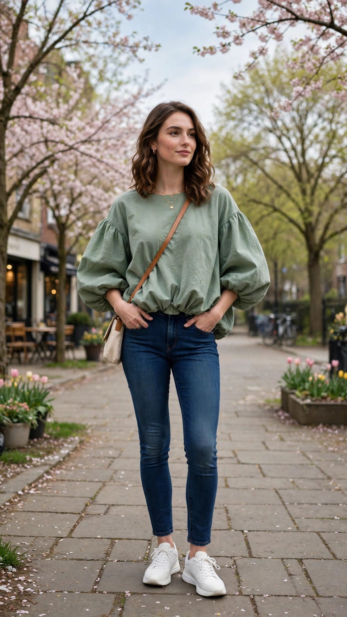 30 Voluminous Bubble Top Outfits for Spring Weekends That Are Fresh, Chic and Easy to Wear 18 Sage Green Voluminous Bubble Top Outfit with slim jeans and white trainers