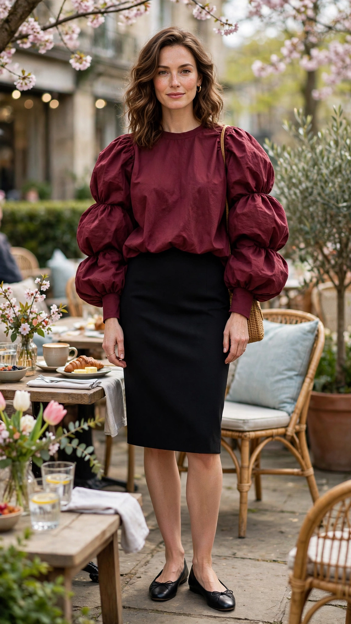 30 Voluminous Bubble Top Outfits for Spring Weekends That Are Fresh, Chic and Easy to Wear 19 Burgundy Voluminous Bubble Top Outfit with a pencil skirt and ballet flats