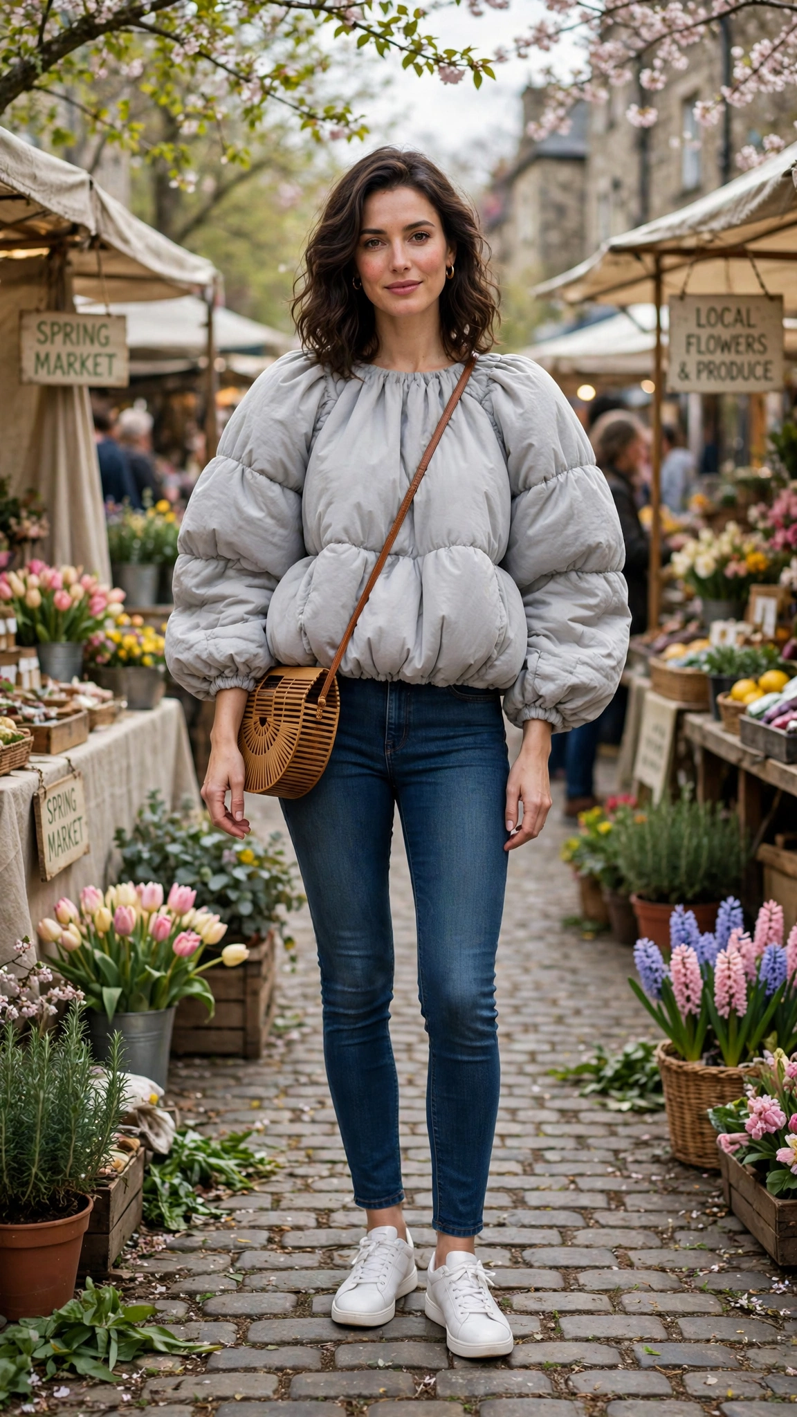 30 Voluminous Bubble Top Outfits for Spring Weekends That Are Fresh, Chic and Easy to Wear 20 Soft Grey Voluminous Bubble Top Outfit with slim jeans and white trainers