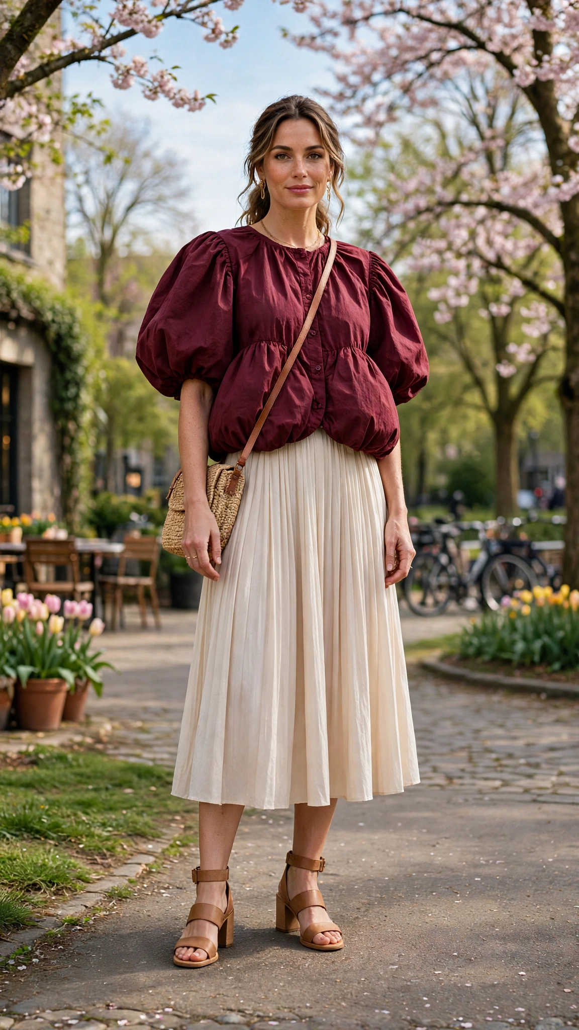 30 Voluminous Bubble Top Outfits for Spring Weekends That Are Fresh, Chic and Easy to Wear 21 Burgundy Voluminous Bubble Top Outfit with a midi skirt and block-heel sandals