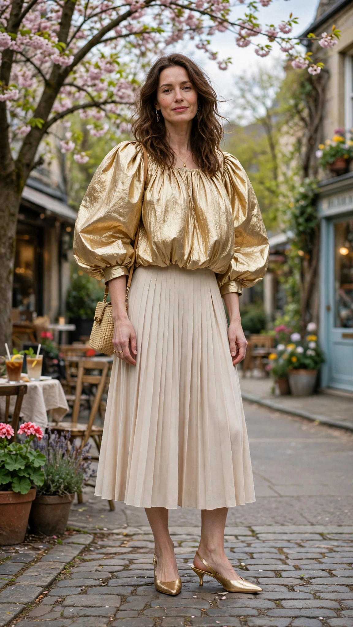 30 Voluminous Bubble Top Outfits for Spring Weekends That Are Fresh, Chic and Easy to Wear 23 Gold Voluminous Bubble Top Outfit with a pleated skirt and kitten heels