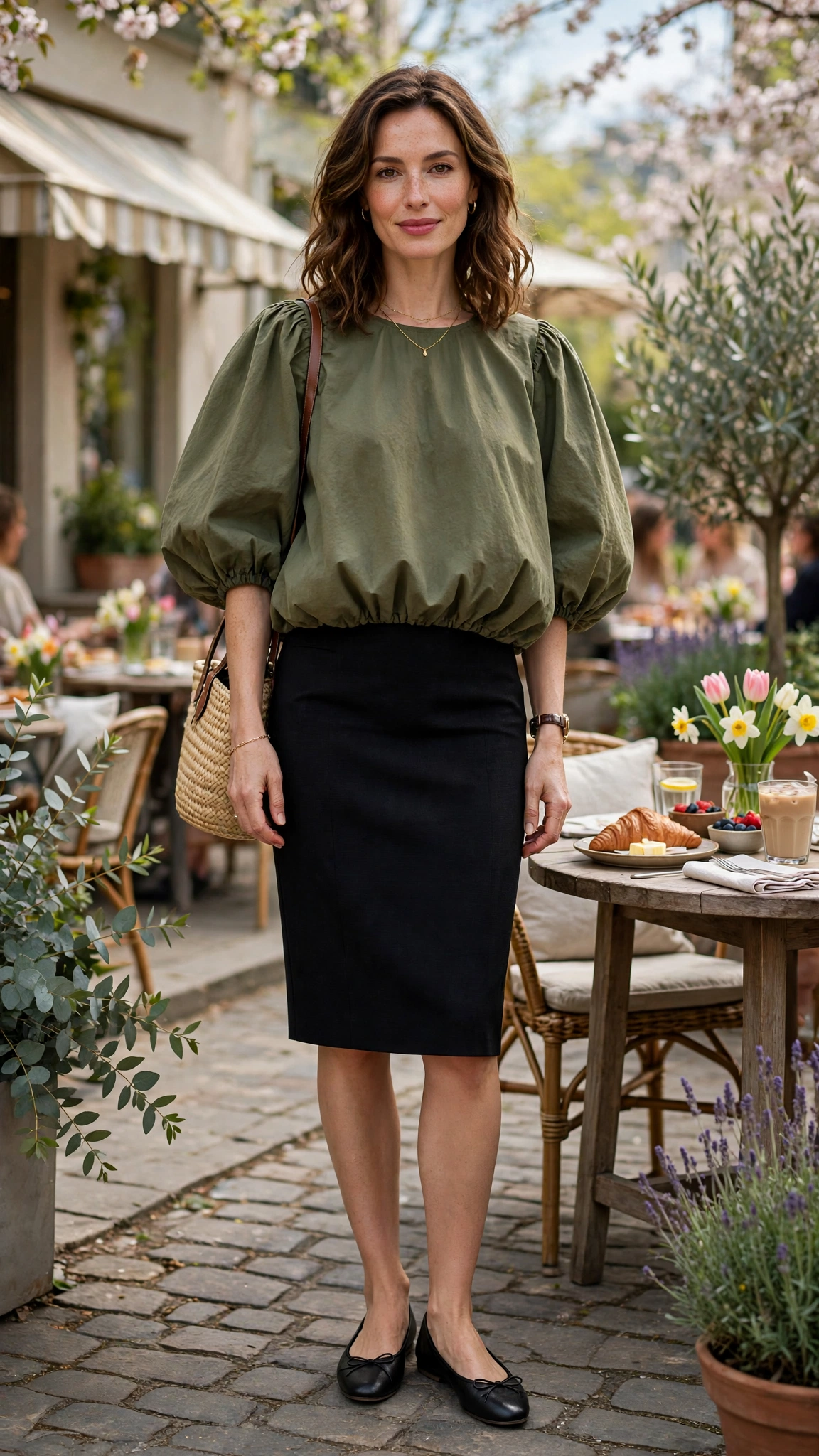 30 Voluminous Bubble Top Outfits for Spring Weekends That Are Fresh, Chic and Easy to Wear 24 Olive Voluminous Bubble Top Outfit with a pencil skirt and ballet flats