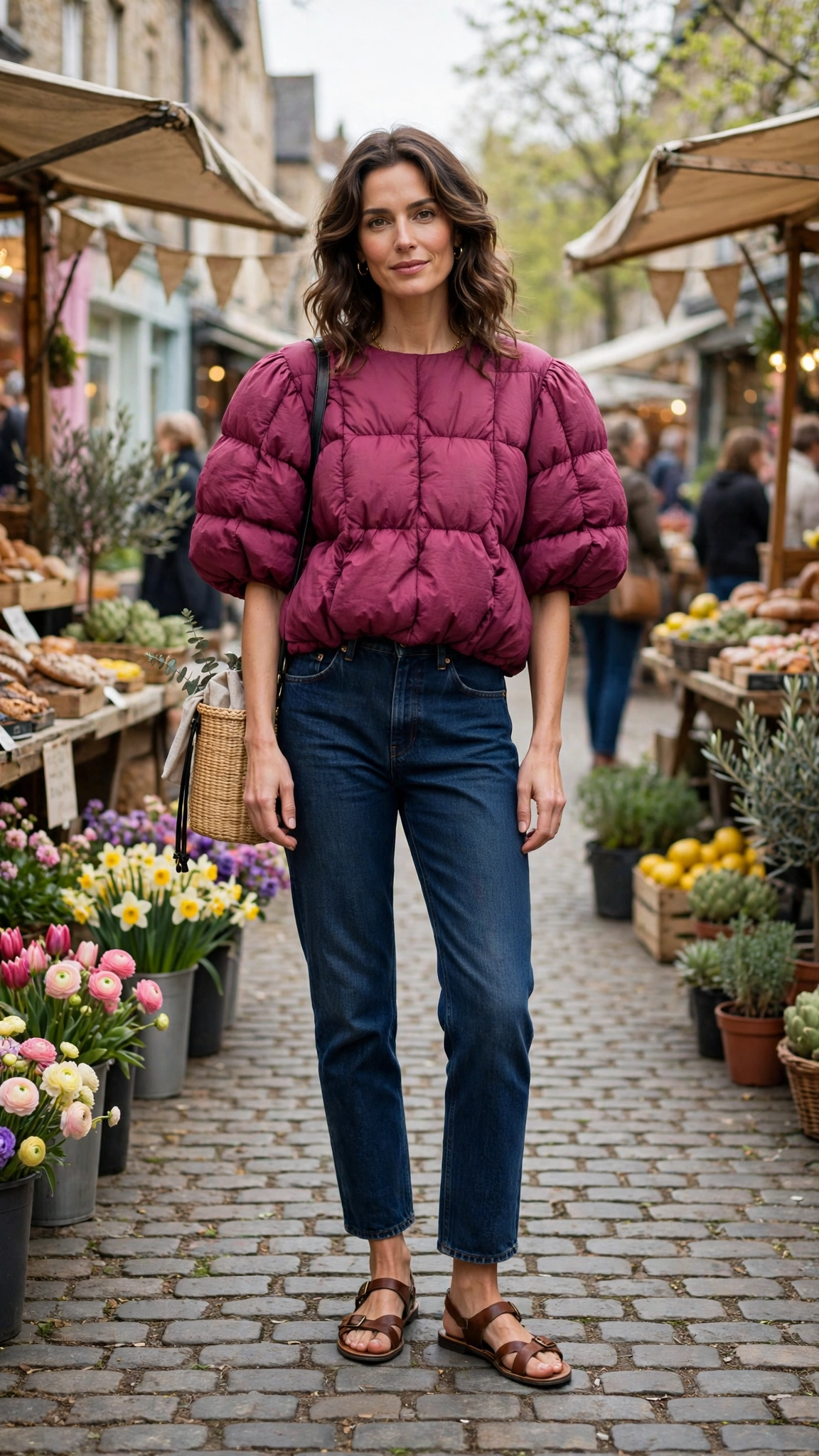 30 Voluminous Bubble Top Outfits for Spring Weekends That Are Fresh, Chic and Easy to Wear 25 Berry Voluminous Bubble Top Outfit with dark jeans and sandals