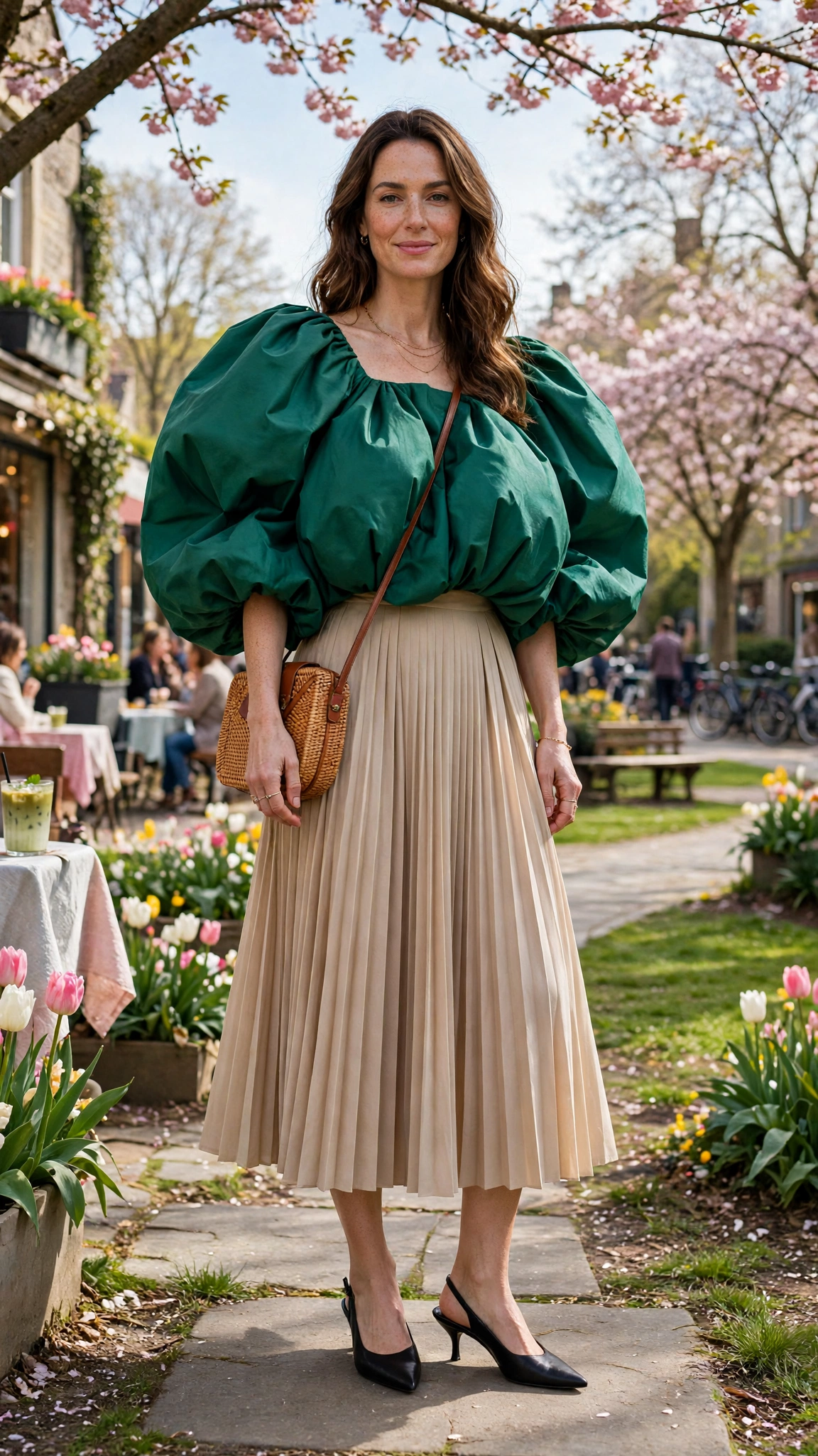 30 Voluminous Bubble Top Outfits for Spring Weekends That Are Fresh, Chic and Easy to Wear 26 Emerald Voluminous Bubble Top Outfit with a pleated skirt and kitten heels