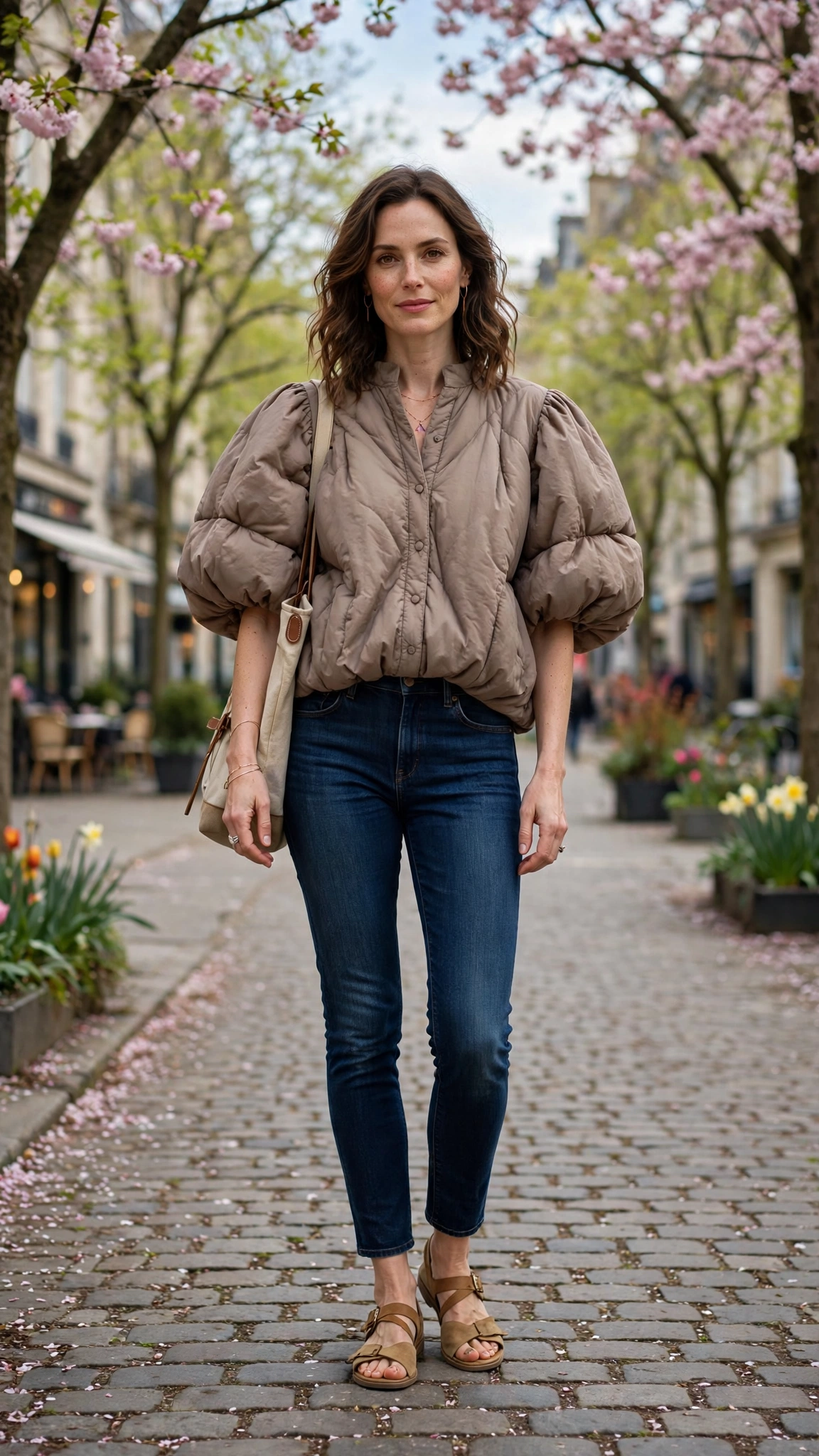 30 Voluminous Bubble Top Outfits for Spring Weekends That Are Fresh, Chic and Easy to Wear 27 Warm Taupe Voluminous Bubble Top Outfit with dark jeans and sandals