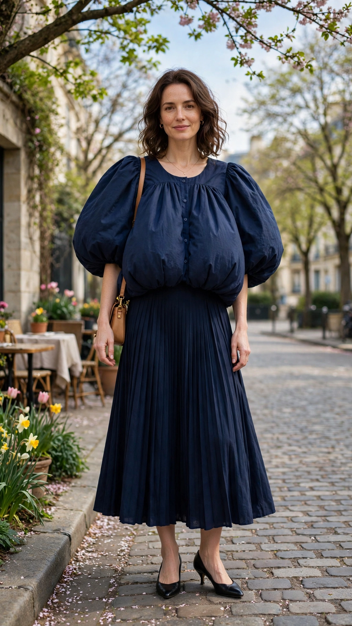 30 Voluminous Bubble Top Outfits for Spring Weekends That Are Fresh, Chic and Easy to Wear 28 Midnight Blue Voluminous Bubble Top Outfit with a pleated skirt and kitten heels
