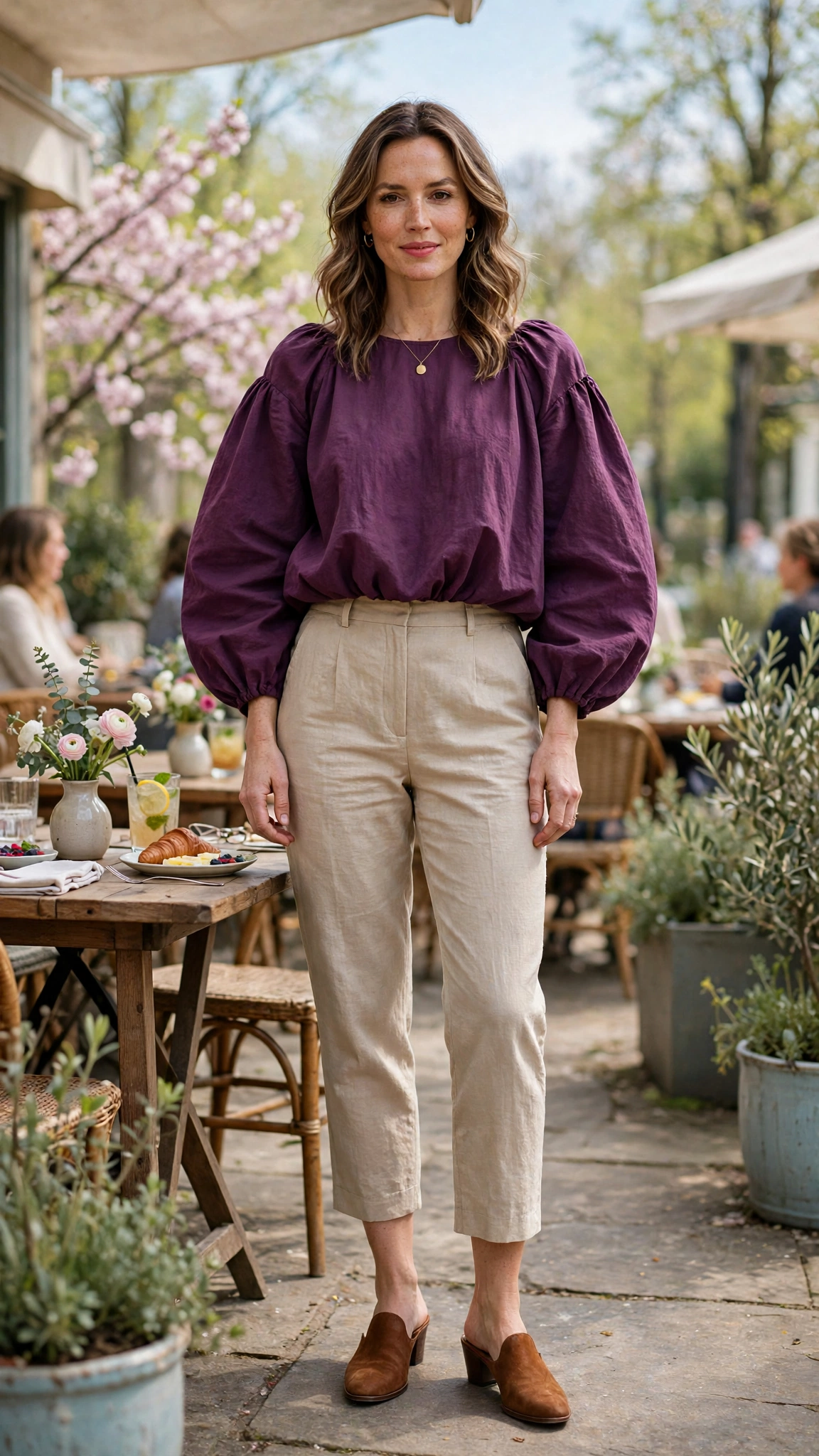30 Voluminous Bubble Top Outfits for Spring Weekends That Are Fresh, Chic and Easy to Wear 29 Plum Voluminous Bubble Top Outfit with cropped trousers and mules