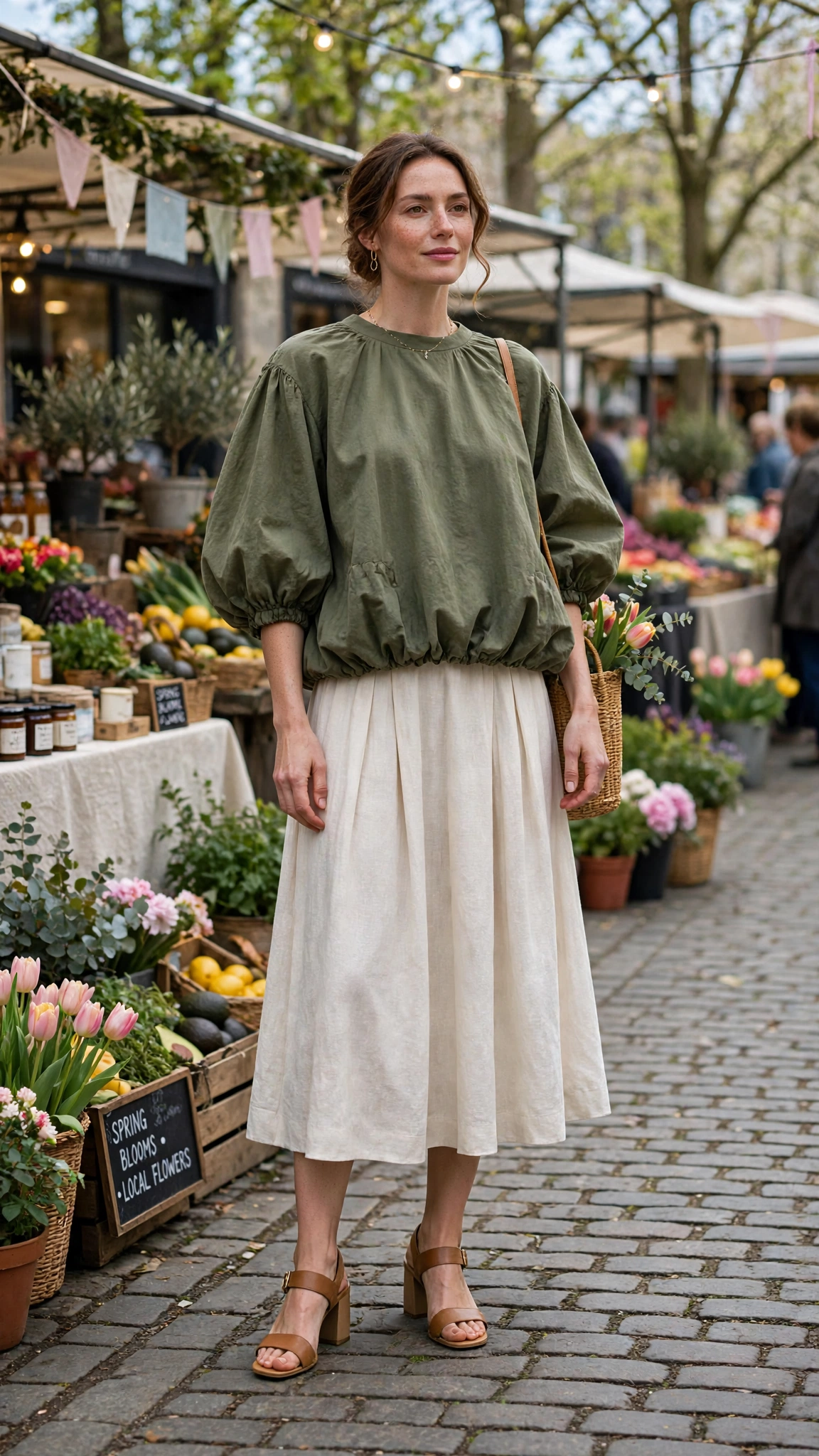 30 Voluminous Bubble Top Outfits for Spring Weekends That Are Fresh, Chic and Easy to Wear 30 Olive Voluminous Bubble Top Outfit with a midi skirt and block-heel sandals