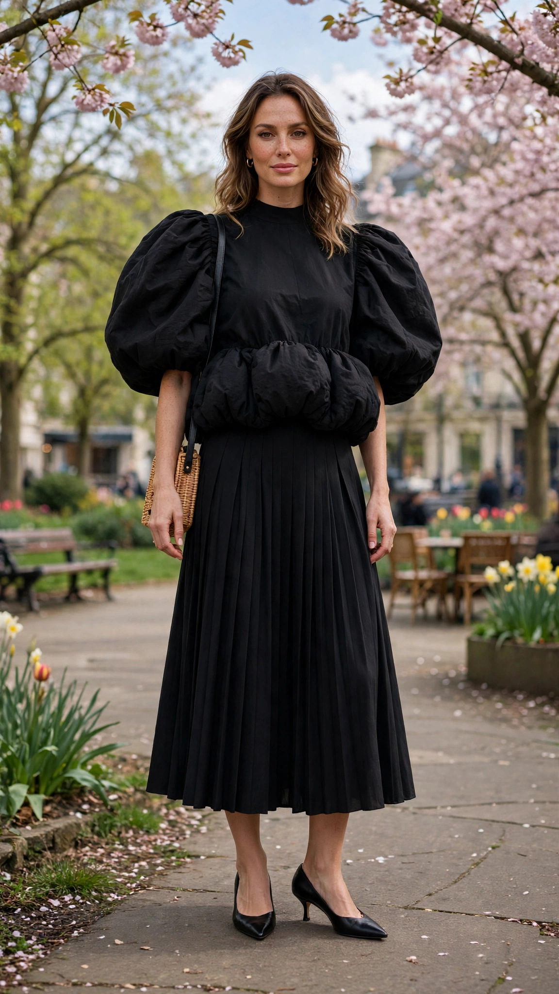 30 Voluminous Bubble Top Outfits for Spring Weekends That Are Fresh, Chic and Easy to Wear 31 Black Voluminous Bubble Top Outfit with a pleated skirt and kitten heels