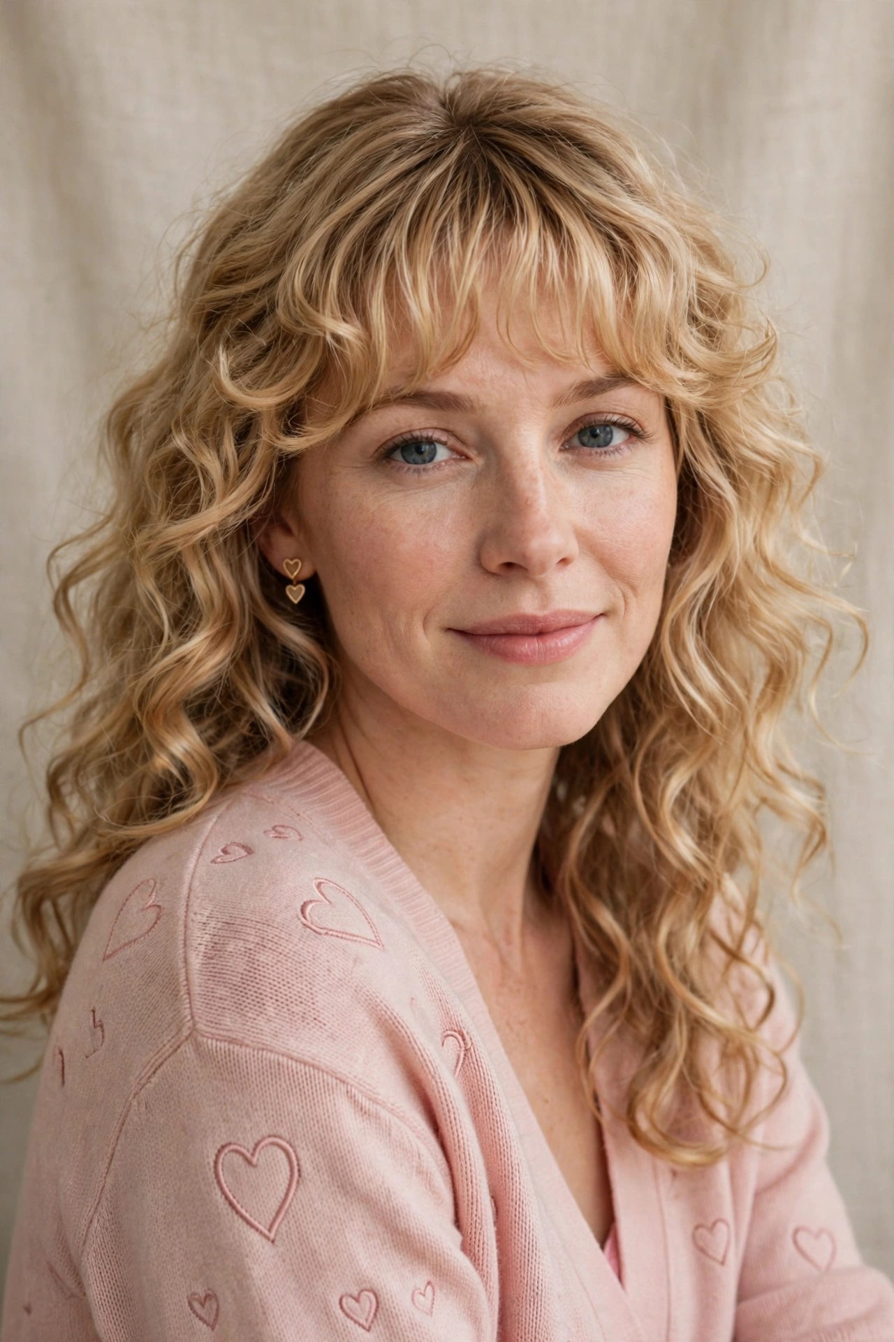 20 Whisper Fringe Hairstyles for Curly Hair with Light Airy Bangs That Stay Soft and Bouncy 2 whisper fringe with soft curls in honey blonde with light airy bangs