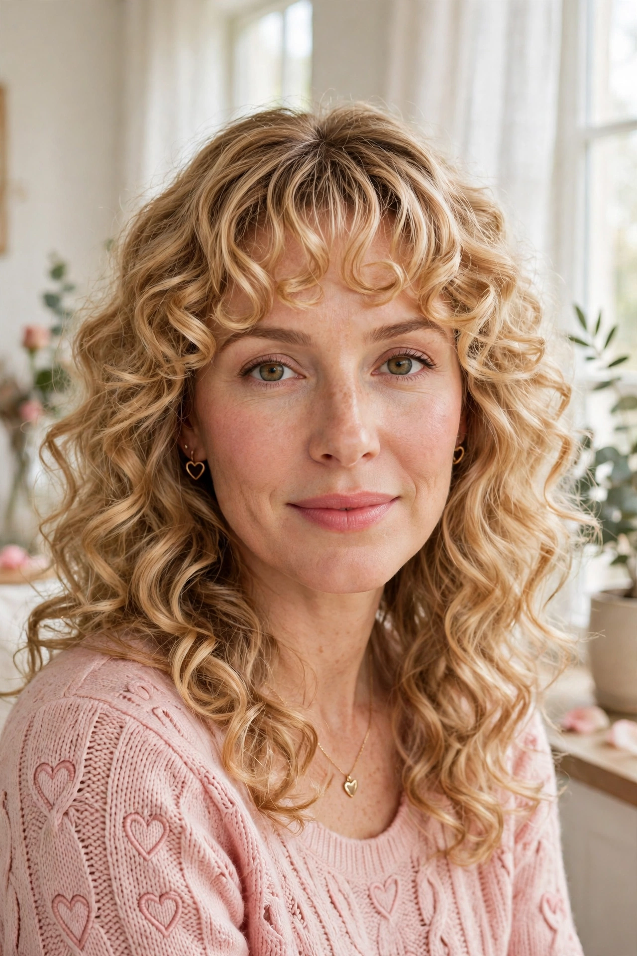 20 Whisper Fringe Hairstyles for Curly Hair with Light Airy Bangs That Stay Soft and Bouncy 3 whisper fringe with defined curls in honey blonde with soft curl definition