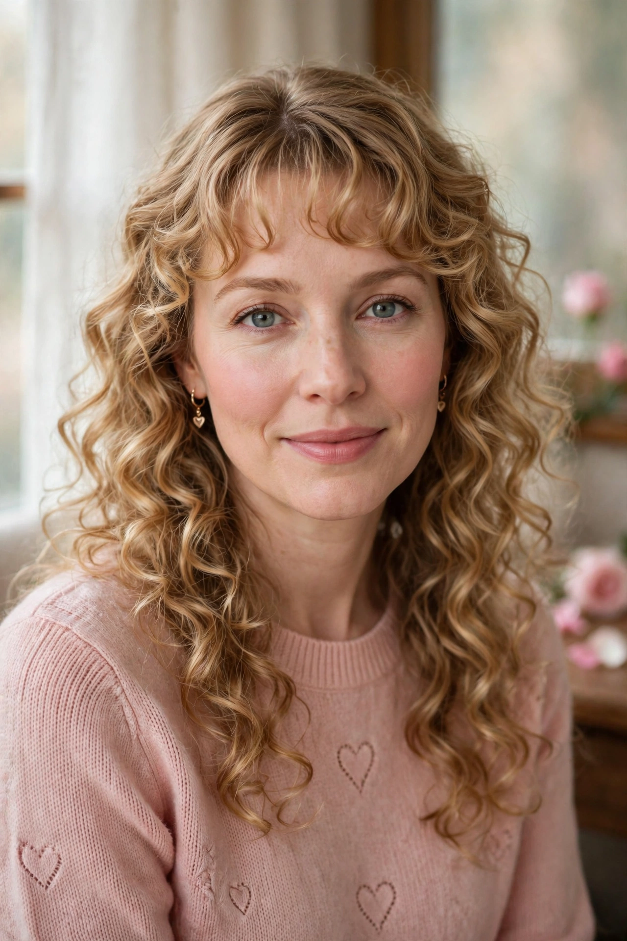 20 Whisper Fringe Hairstyles for Curly Hair with Light Airy Bangs That Stay Soft and Bouncy 5 whisper fringe with springy curls in honey blonde with side part