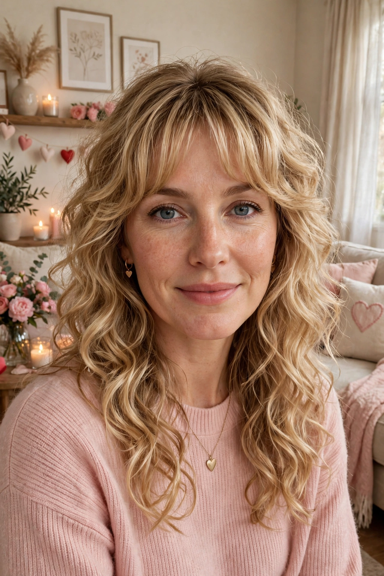 20 Whisper Fringe Hairstyles for Curly Hair with Light Airy Bangs That Stay Soft and Bouncy 6 whisper fringe with tousled curls in honey blonde with frizz-free finish