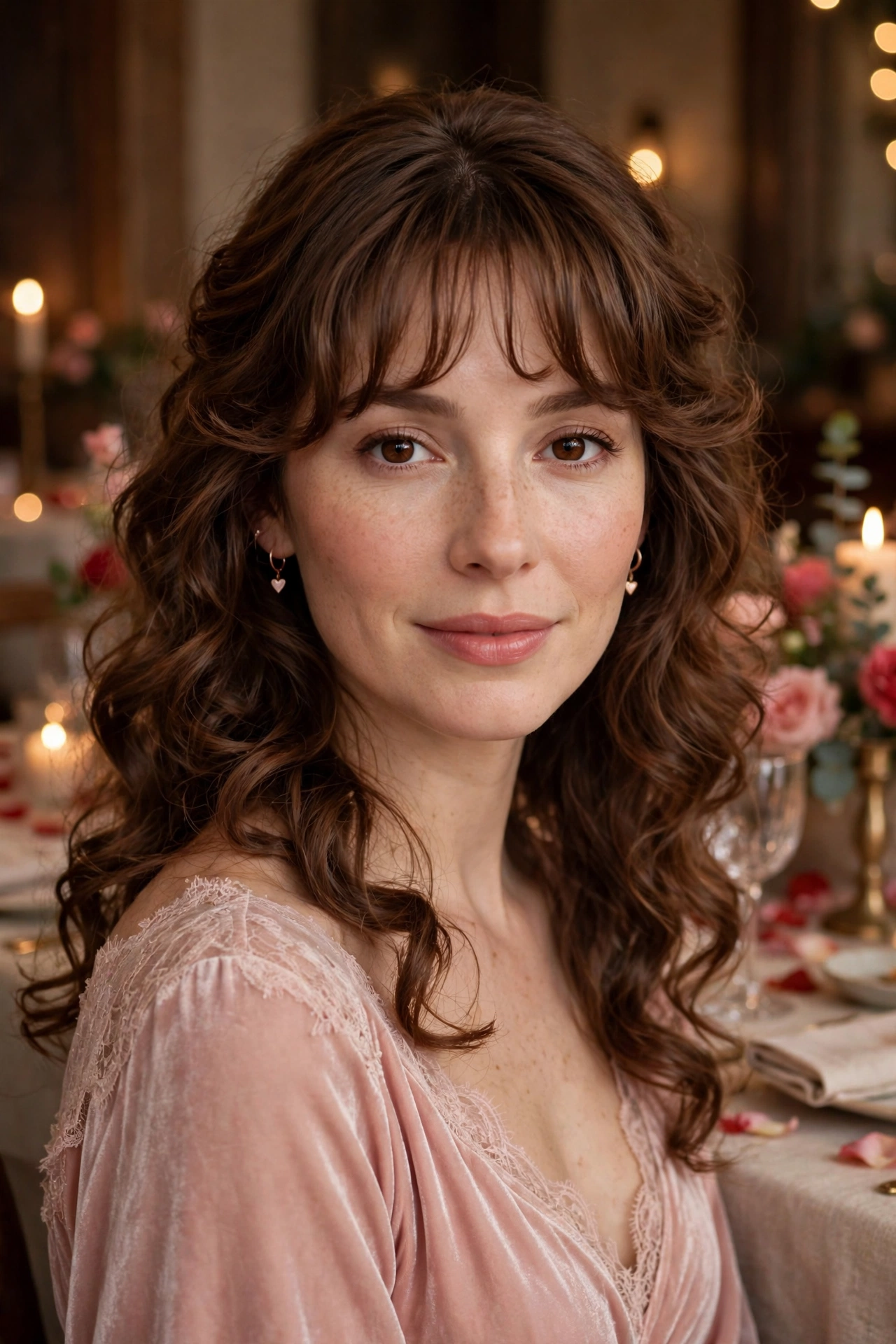 20 Whisper Fringe Hairstyles for Curly Hair with Light Airy Bangs That Stay Soft and Bouncy 8 whisper fringe with soft curls in chestnut brown with romantic finish