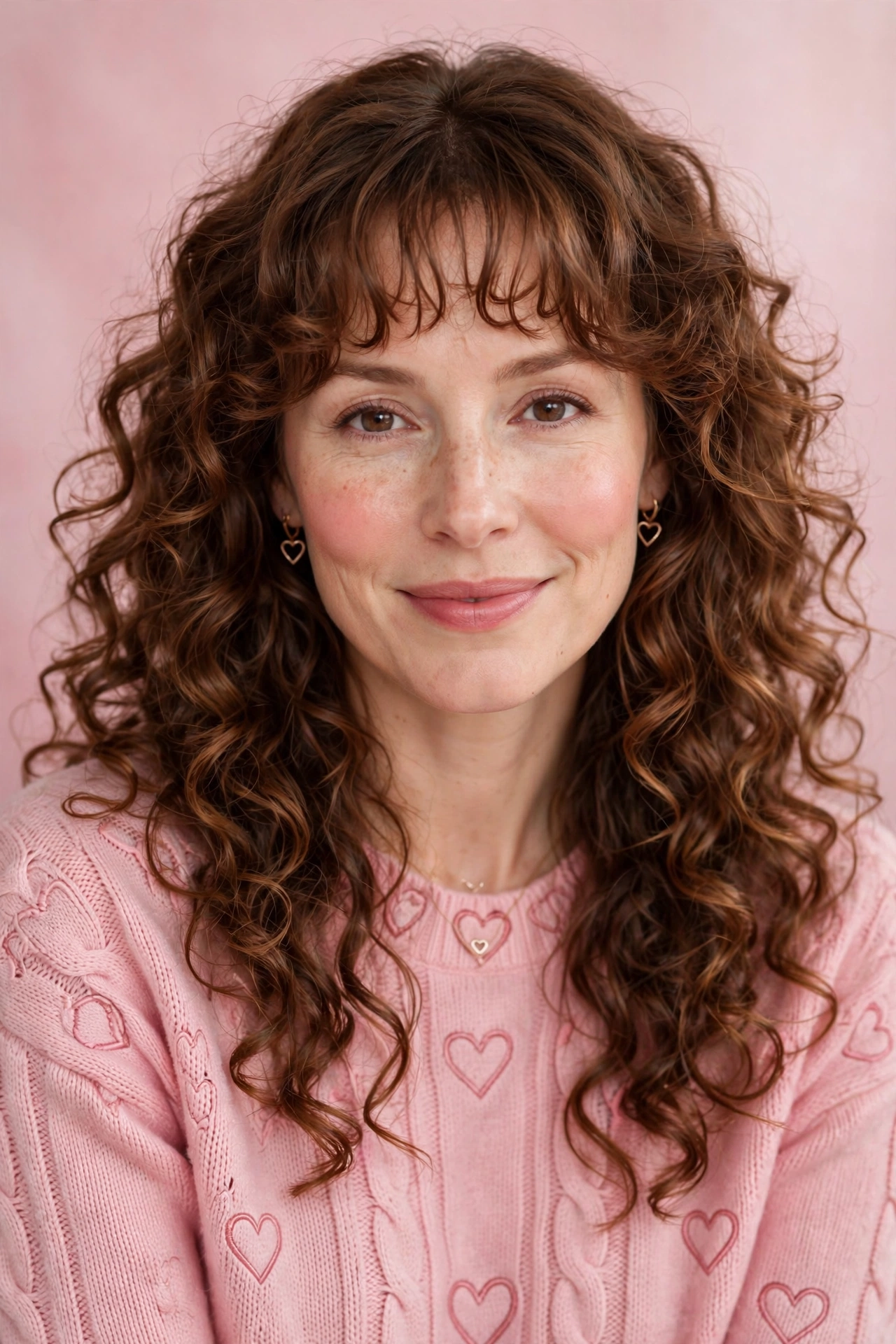 20 Whisper Fringe Hairstyles for Curly Hair with Light Airy Bangs That Stay Soft and Bouncy 9 whisper fringe with defined curls in chestnut brown with light airy bangs