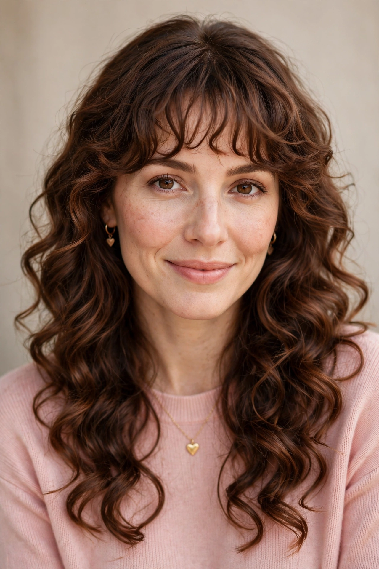 20 Whisper Fringe Hairstyles for Curly Hair with Light Airy Bangs That Stay Soft and Bouncy 10 whisper fringe with loose curls in chestnut brown with soft curl definition