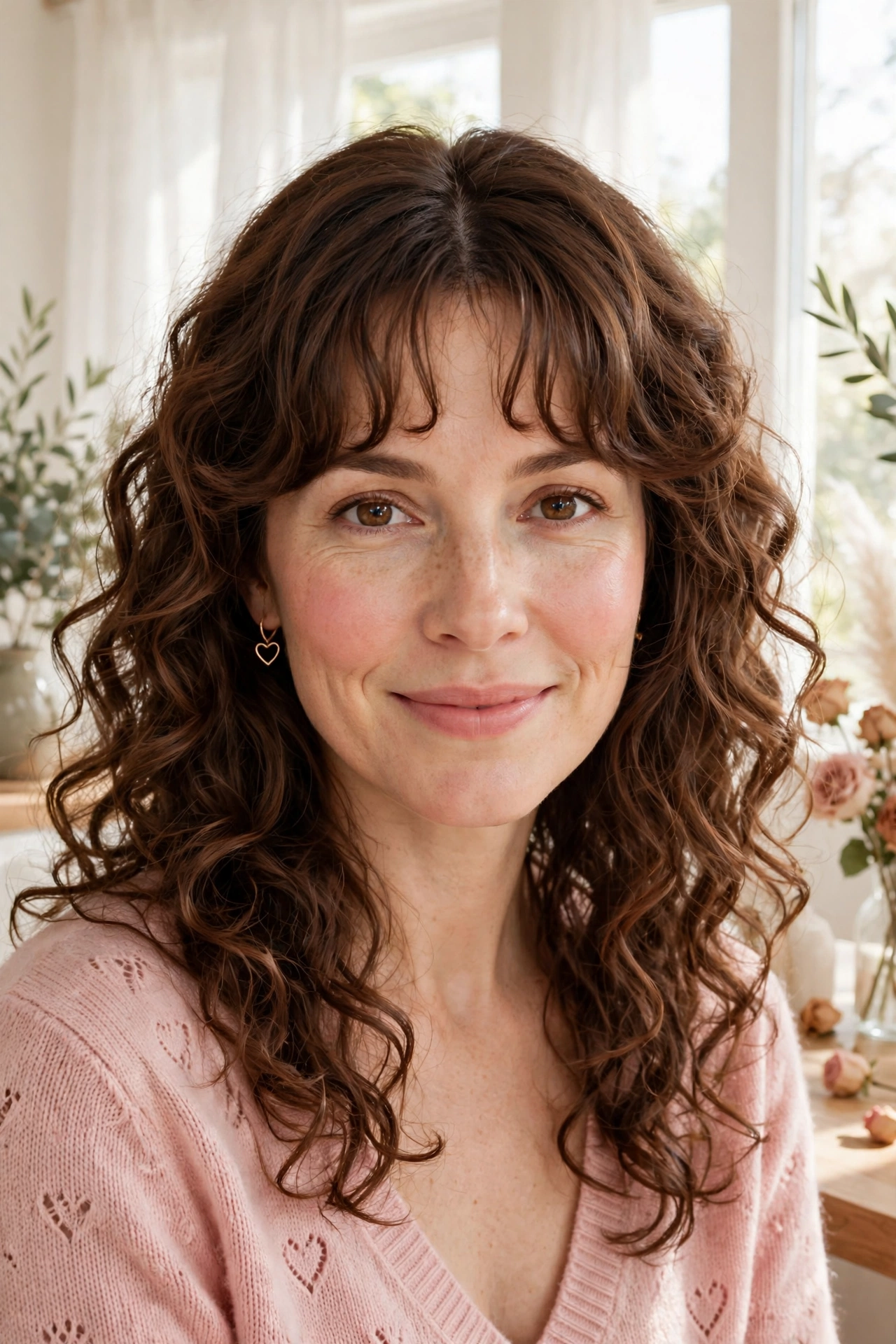 20 Whisper Fringe Hairstyles for Curly Hair with Light Airy Bangs That Stay Soft and Bouncy 11 whisper fringe with springy curls in chestnut brown with centre part