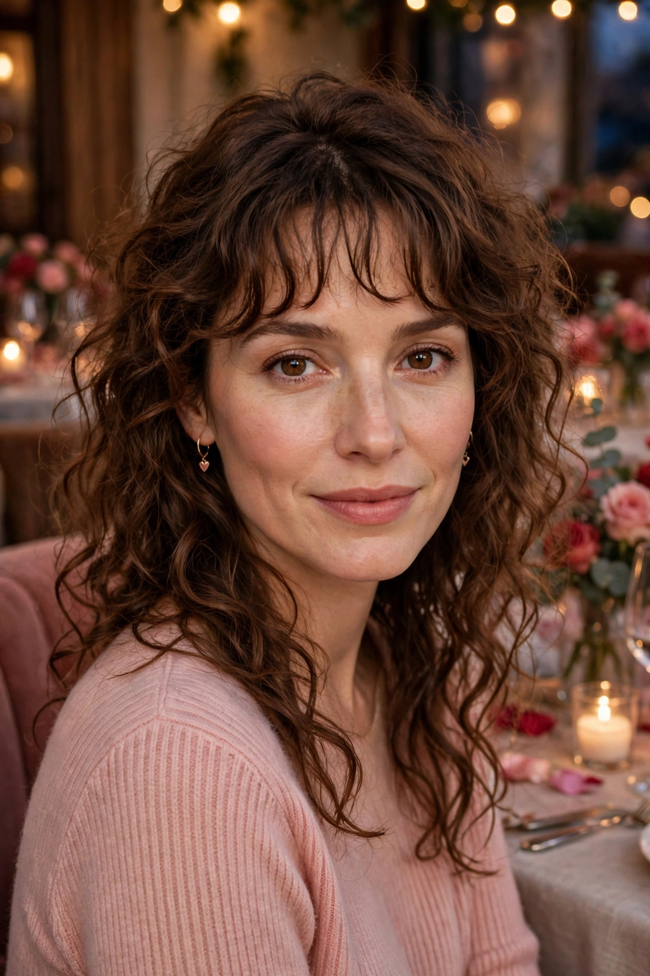 20 Whisper Fringe Hairstyles for Curly Hair with Light Airy Bangs That Stay Soft and Bouncy 12 whisper fringe with tousled curls in chestnut brown with side part