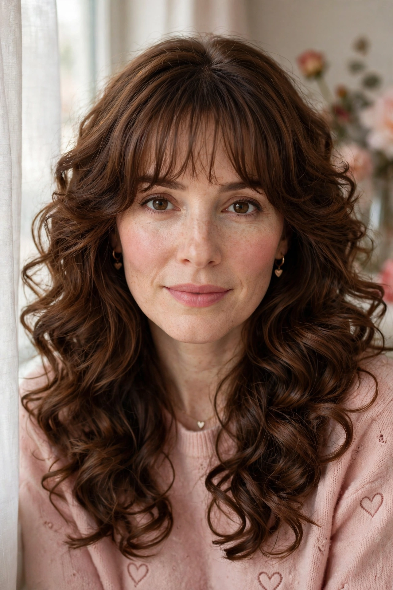 20 Whisper Fringe Hairstyles for Curly Hair with Light Airy Bangs That Stay Soft and Bouncy 13 whisper fringe with voluminous curls in chestnut brown with frizz-free finish