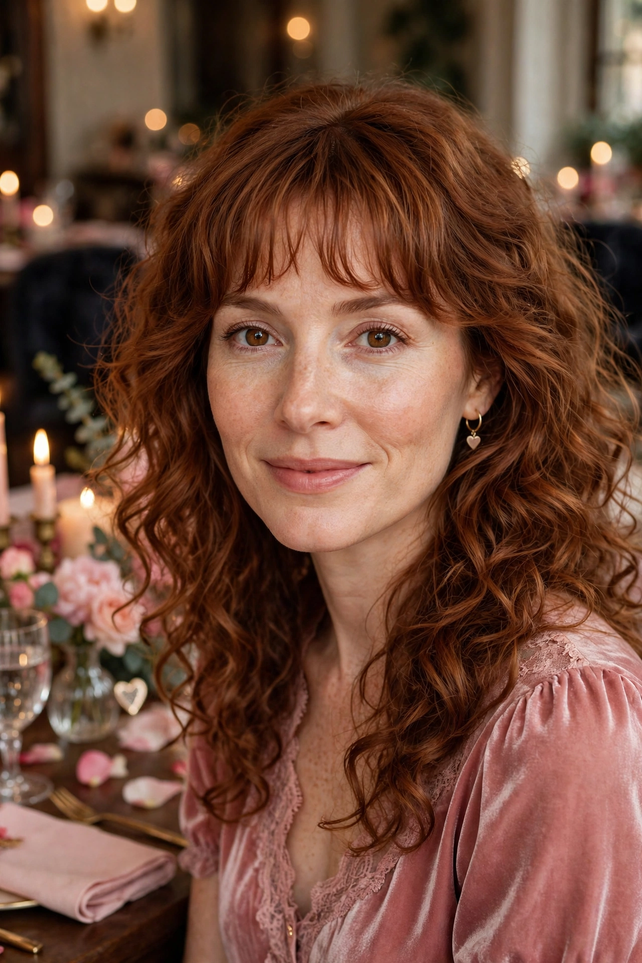 20 Whisper Fringe Hairstyles for Curly Hair with Light Airy Bangs That Stay Soft and Bouncy 16 whisper fringe with loose curls in warm auburn with light airy bangs