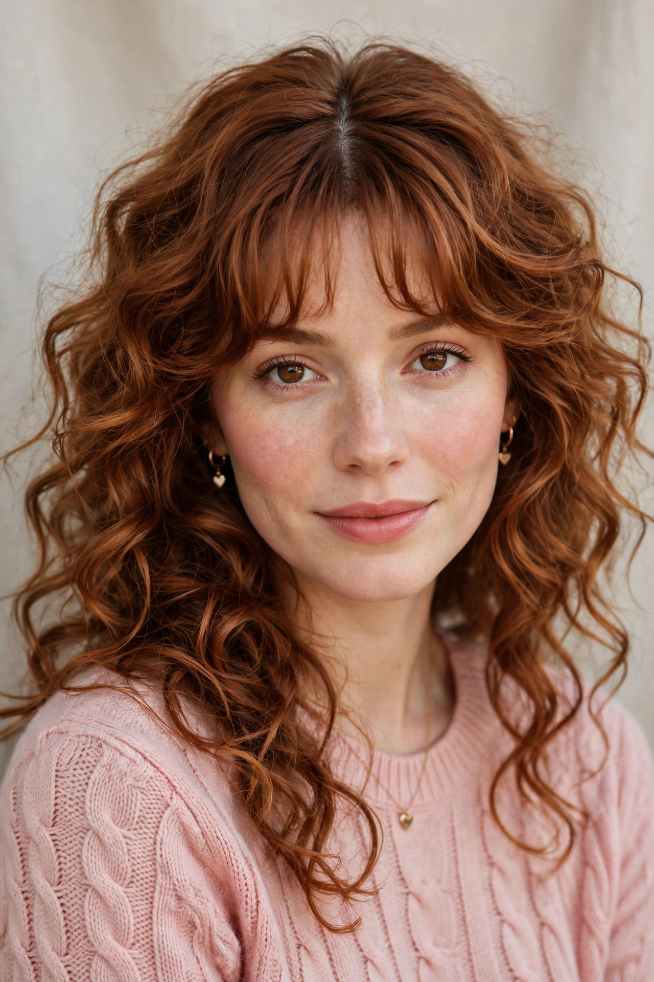 20 Whisper Fringe Hairstyles for Curly Hair with Light Airy Bangs That Stay Soft and Bouncy 18 whisper fringe with tousled curls in warm auburn with centre part