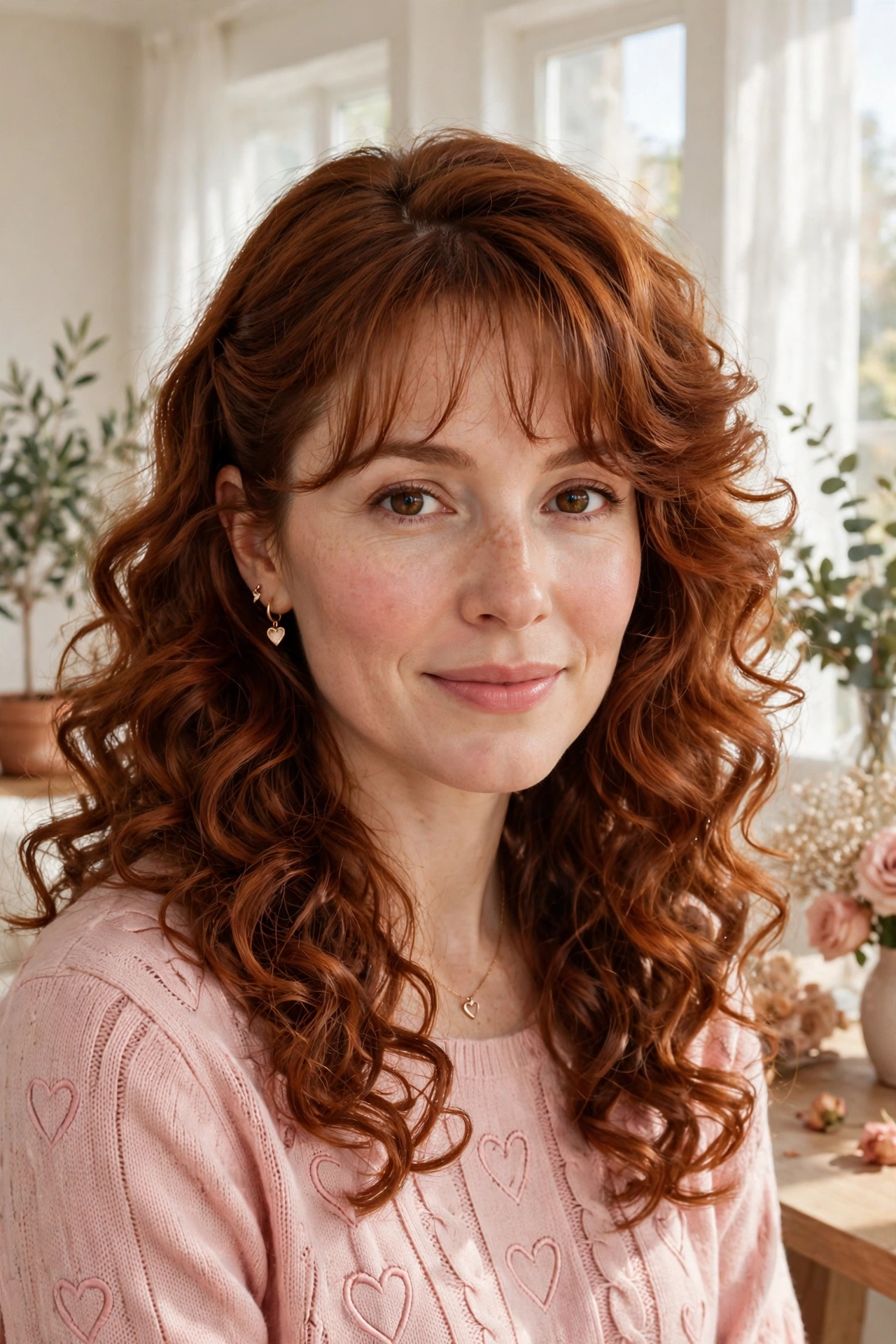 20 Whisper Fringe Hairstyles for Curly Hair with Light Airy Bangs That Stay Soft and Bouncy 19 whisper fringe with voluminous curls in warm auburn with side part