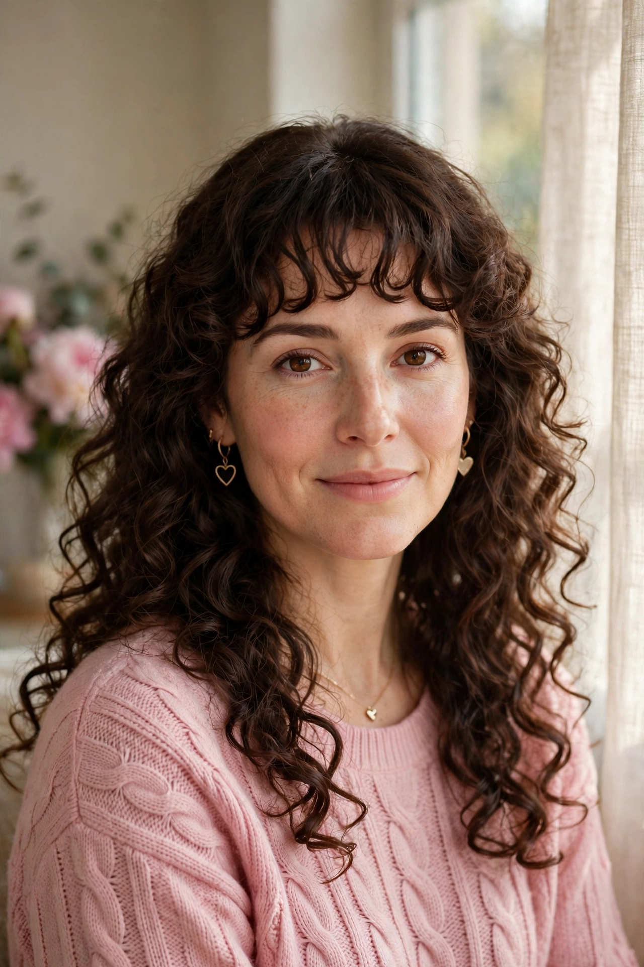 20 Whisper Fringe Hairstyles for Curly Hair with Light Airy Bangs That Stay Soft and Bouncy 21 whisper fringe with defined curls in dark chocolate brown with bouncy ends