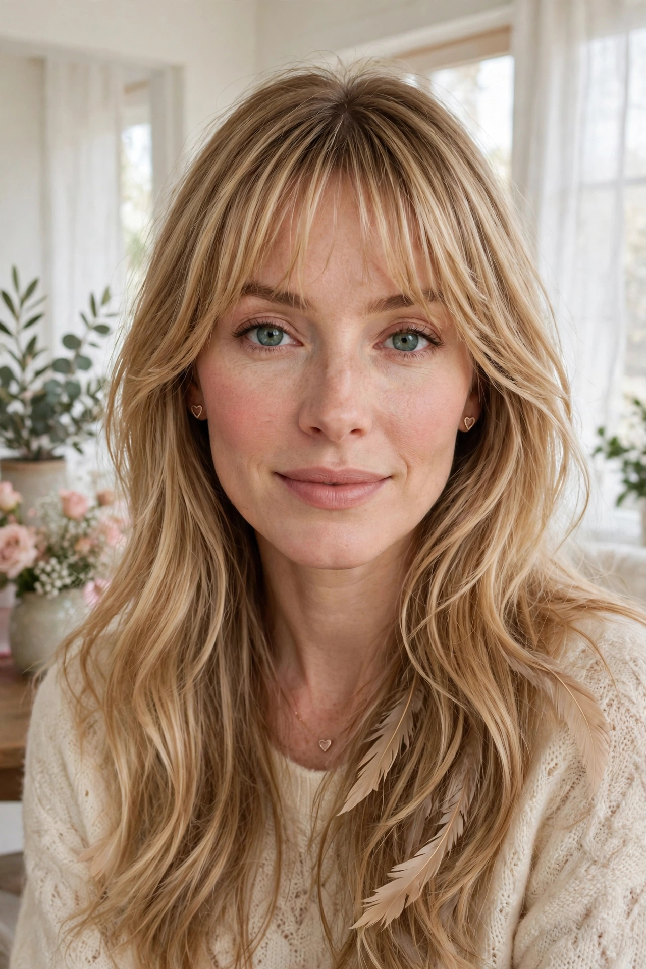 whisper fringe with long feathered layers in honey blonde with feathered ends