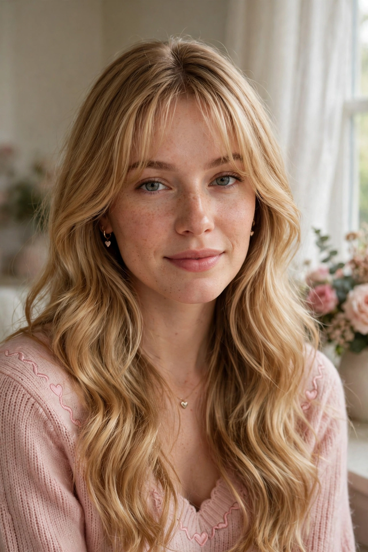 whisper fringe with long airy waves in honey blonde with centre part