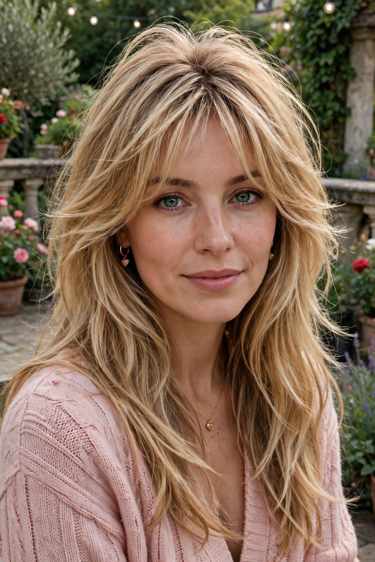 whisper fringe with long tousled layers in honey blonde with crown volume