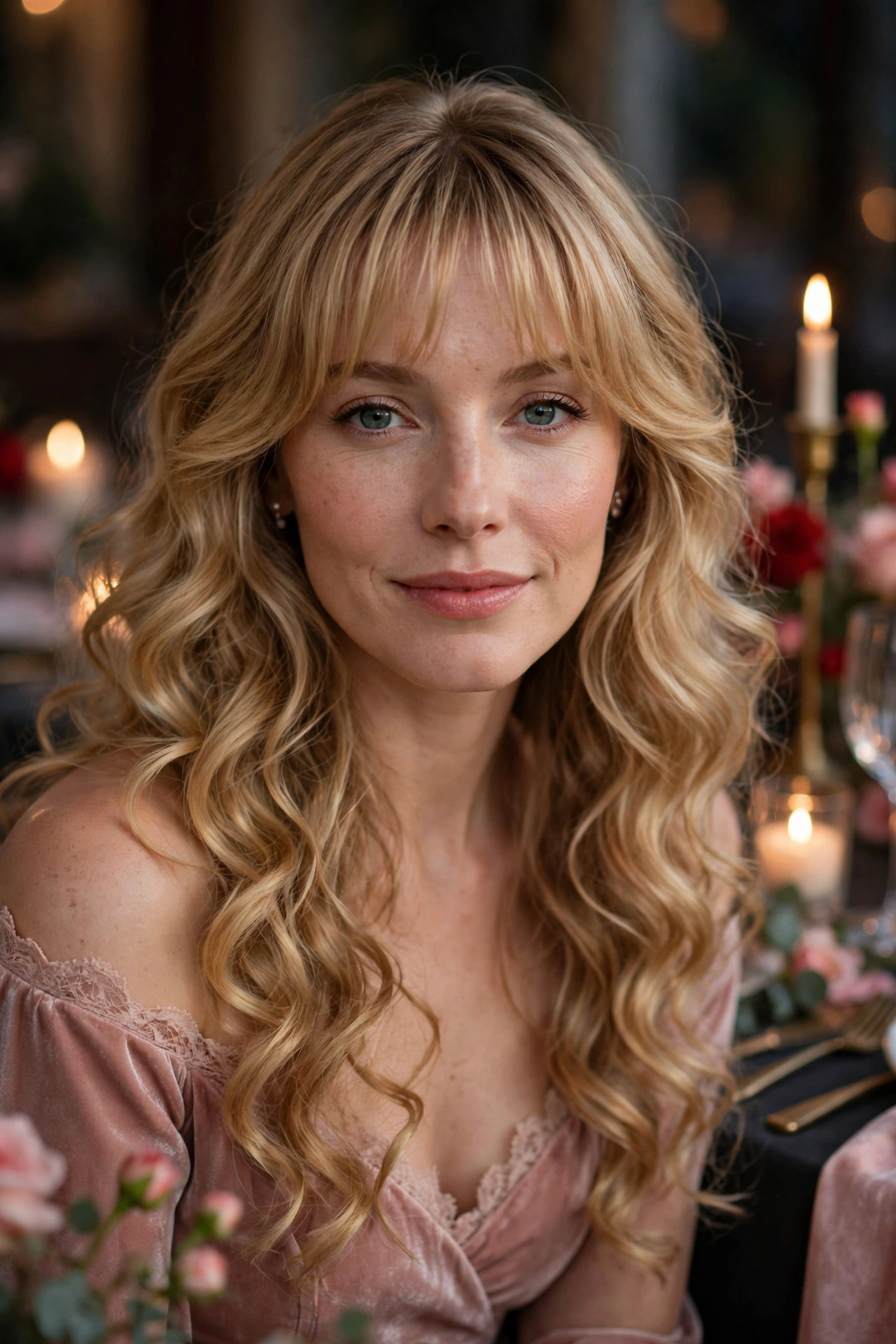 whisper fringe with long soft curls in honey blonde with evening finish