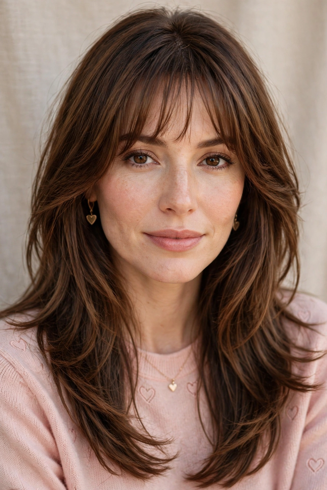whisper fringe with long soft layered ends in chestnut brown with layered ends