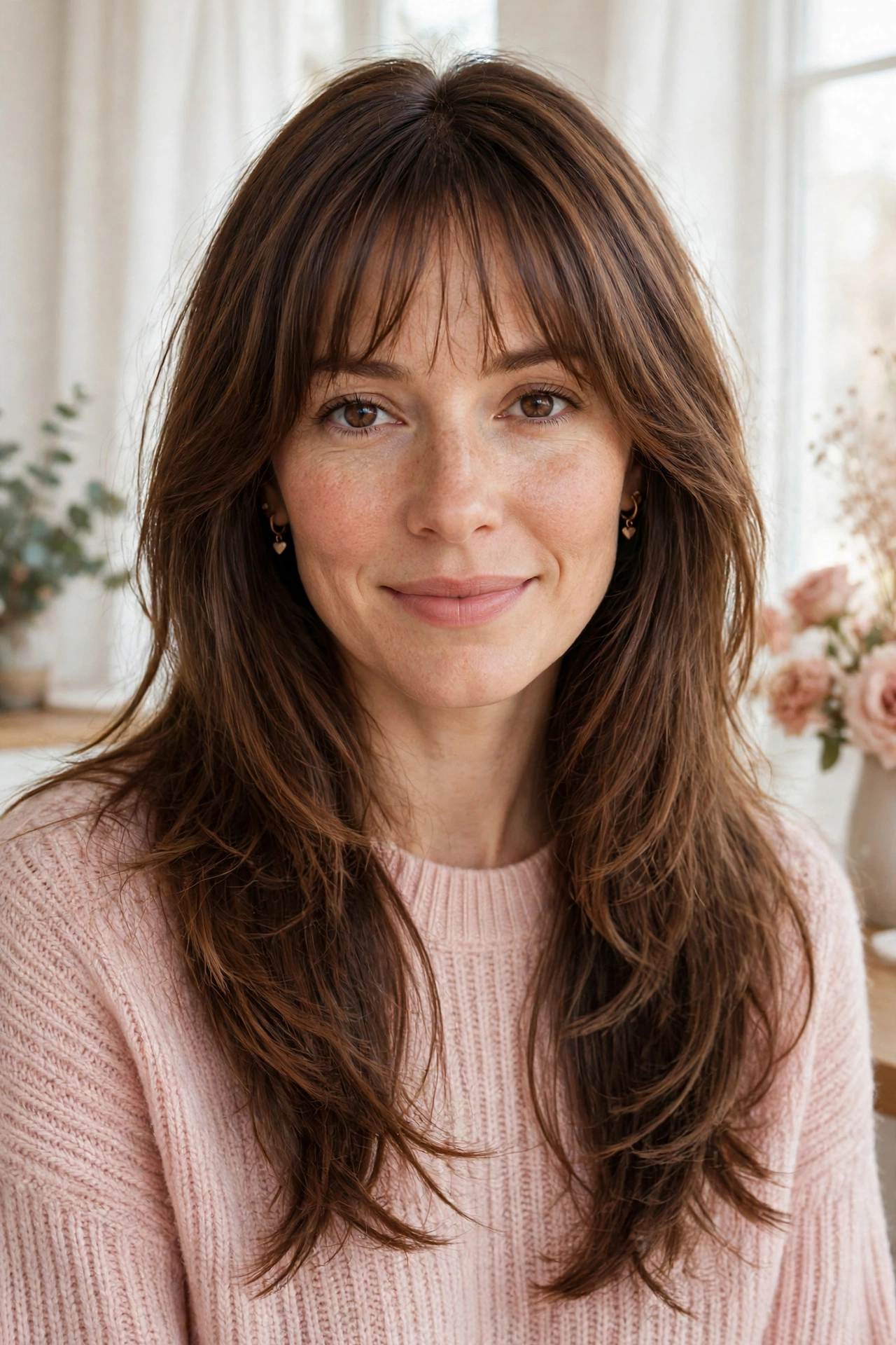 whisper fringe with long feathered layers in chestnut brown with feathered ends